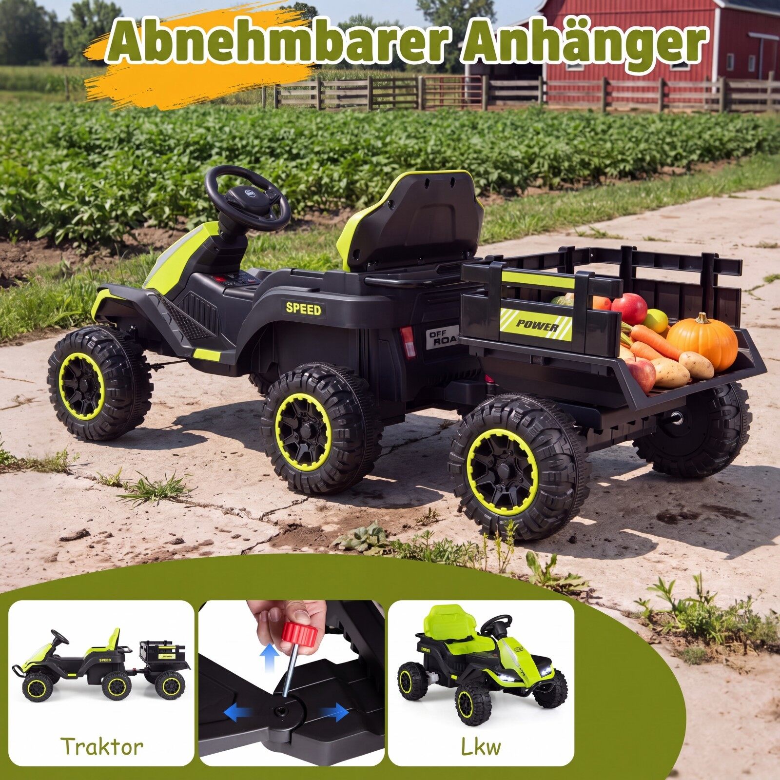 24 V elektritraktor lastele alates 3. eluaastast, lastetraktor 2,4 GHz kaugjuhtimispuldiga, roheline