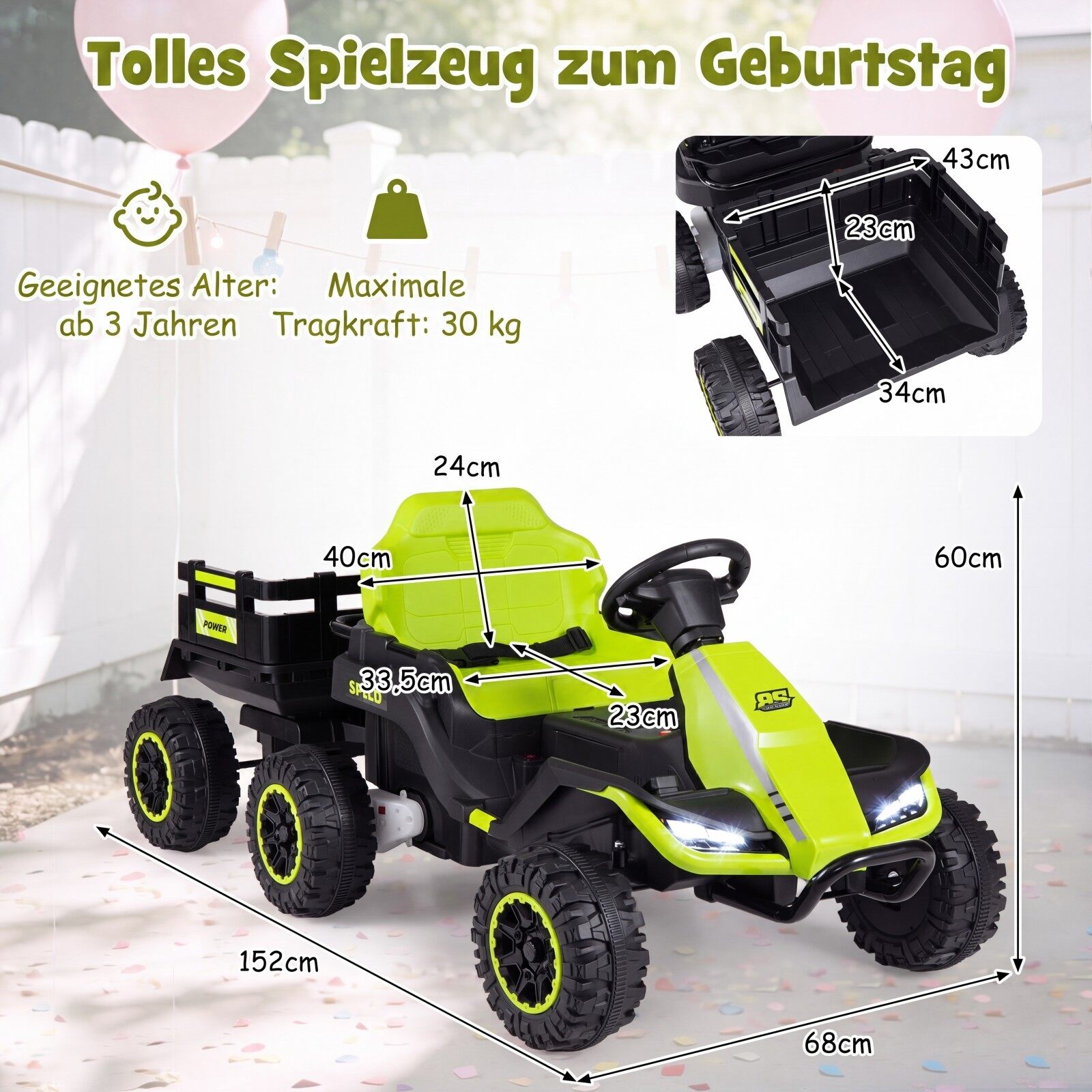 24 V elektritraktor lastele alates 3. eluaastast, lastetraktor 2,4 GHz kaugjuhtimispuldiga, roheline
