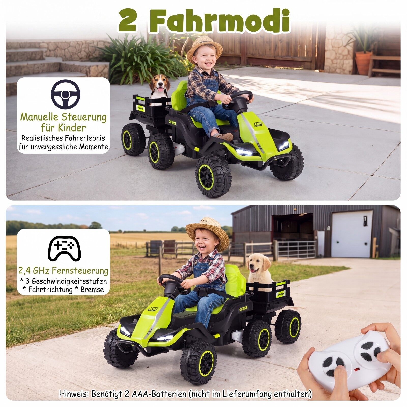 24 V elektritraktor lastele alates 3. eluaastast, lastetraktor 2,4 GHz kaugjuhtimispuldiga, roheline