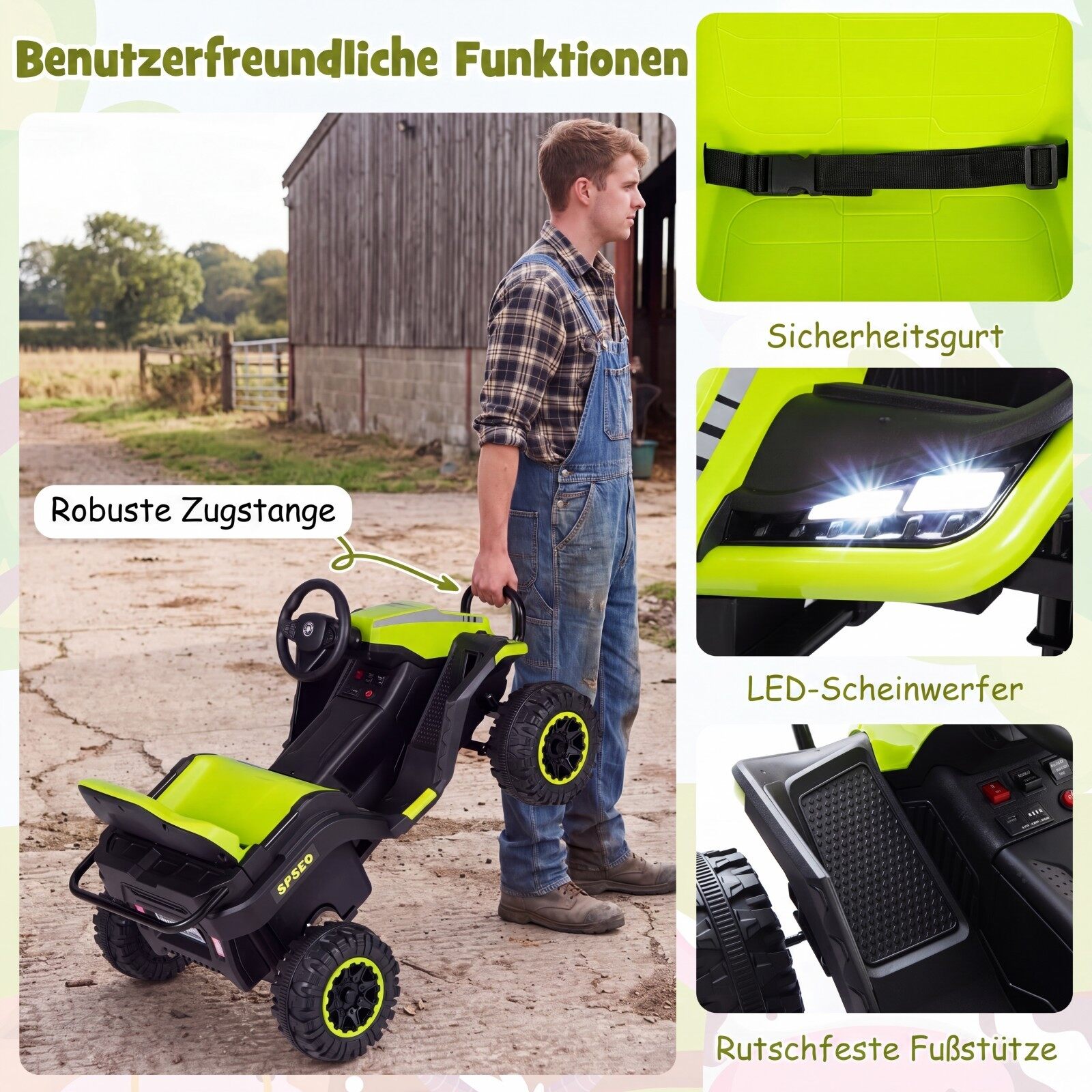24 V elektritraktor lastele alates 3. eluaastast, lastetraktor 2,4 GHz kaugjuhtimispuldiga, roheline