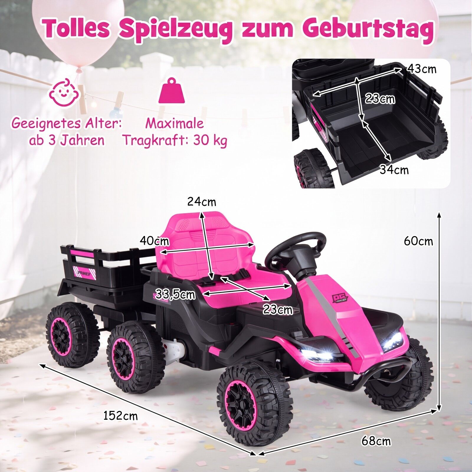 24 V elektritraktor lastele alates 3. eluaastast, lastetraktor 2,4 GHz kaugjuhtimispuldiga, roosa