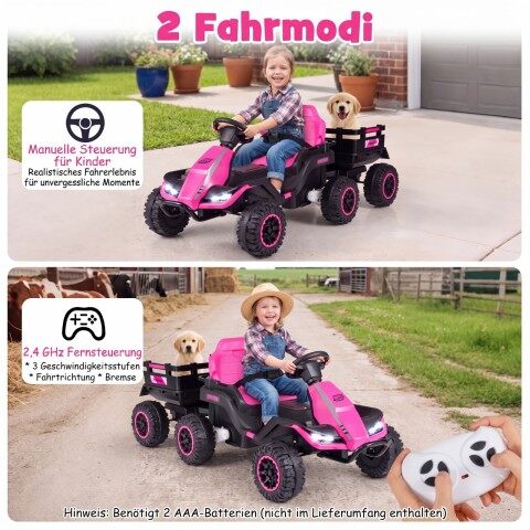 24 V elektritraktor lastele alates 3. eluaastast, lastetraktor 2,4 GHz kaugjuhtimispuldiga, roosa