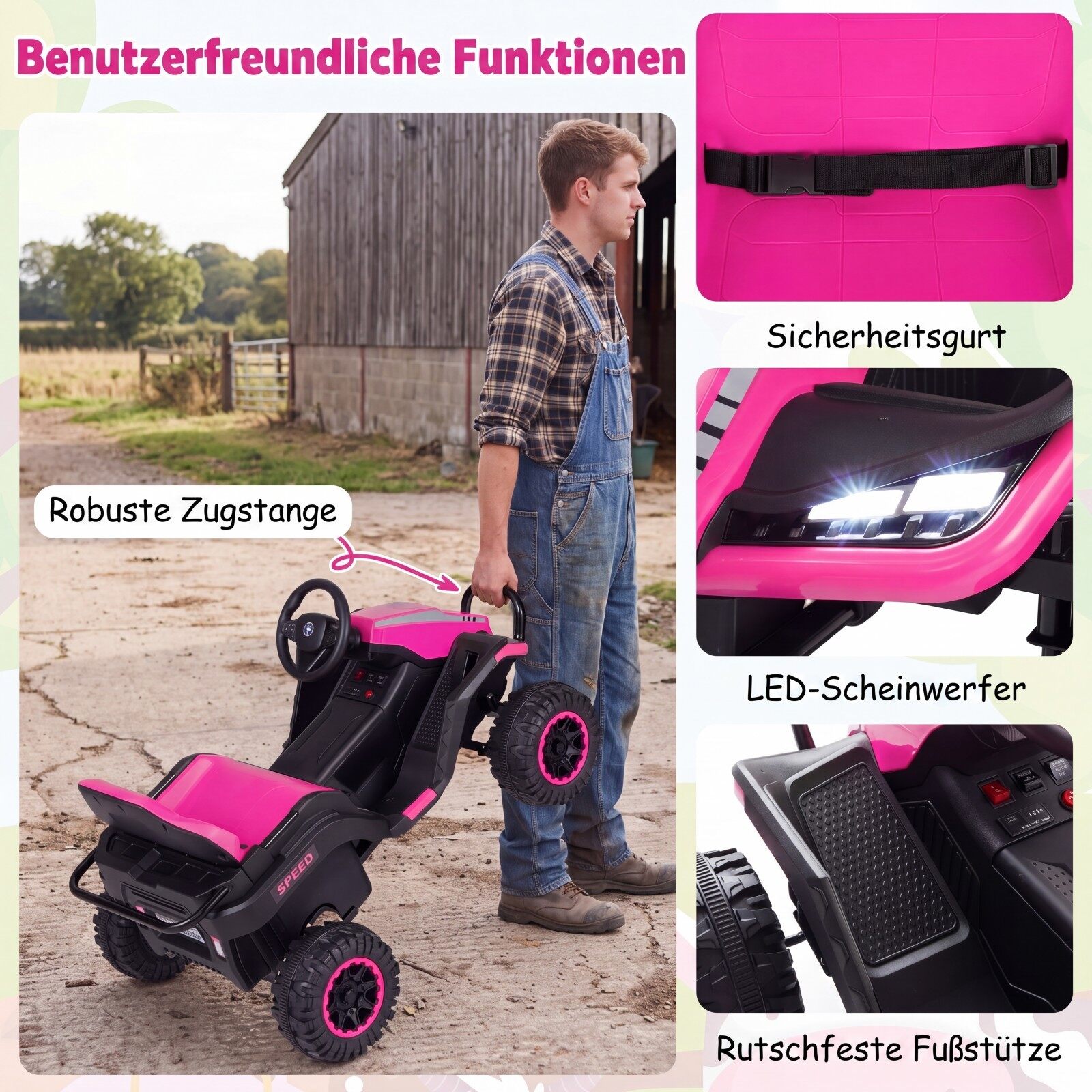 24 V elektritraktor lastele alates 3. eluaastast, lastetraktor 2,4 GHz kaugjuhtimispuldiga, roosa