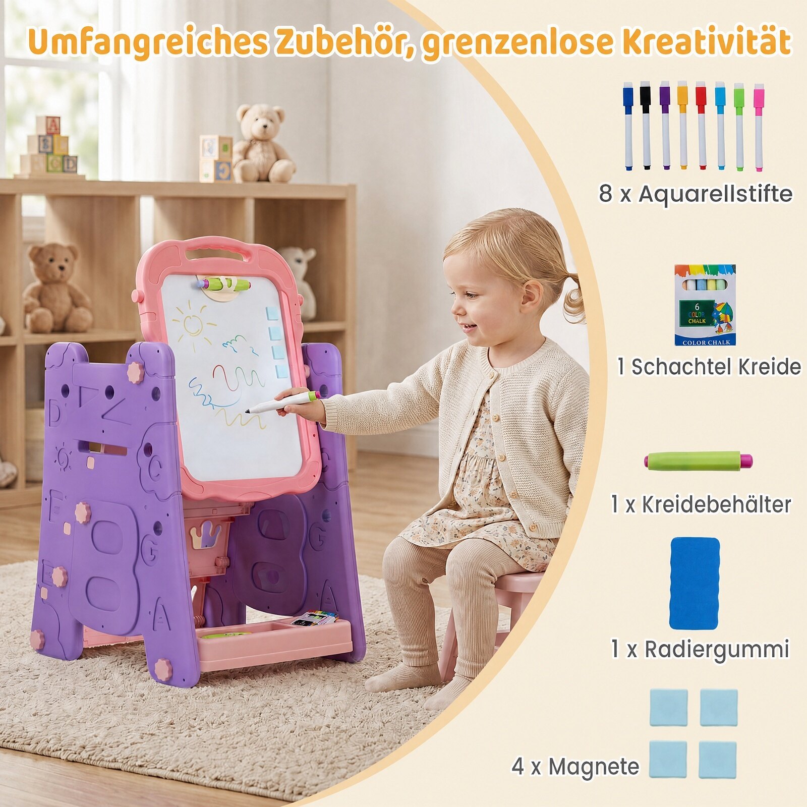 3 in 1 Art Easel for Kids with Double Sided Magnetic Board-Pink 3 in 1 Art Easel for Kids with Double Sided Magnetic Board-Pink