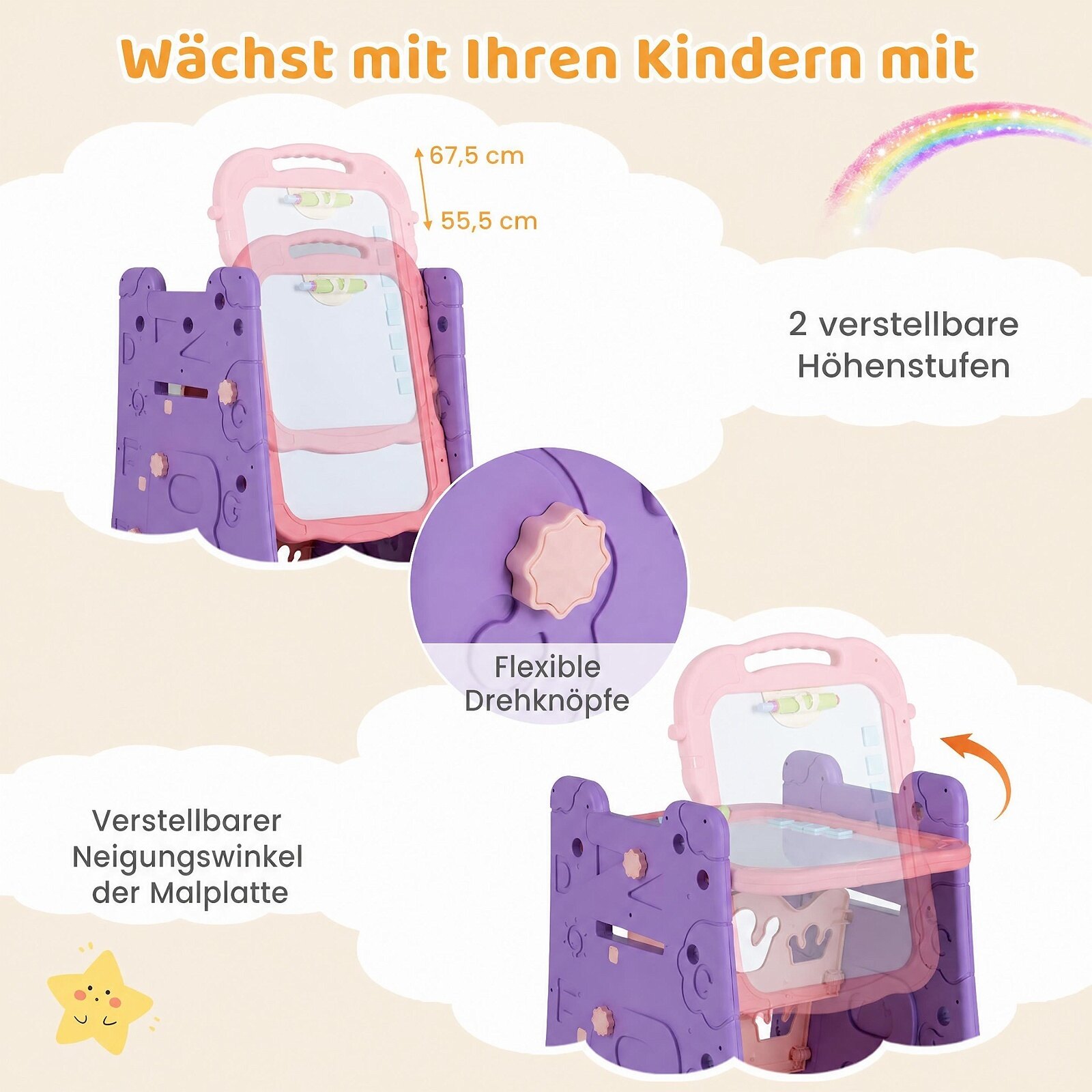 3-ühes kunstimolbert lastele kahepoolse magnetilise tahvliga - roosa