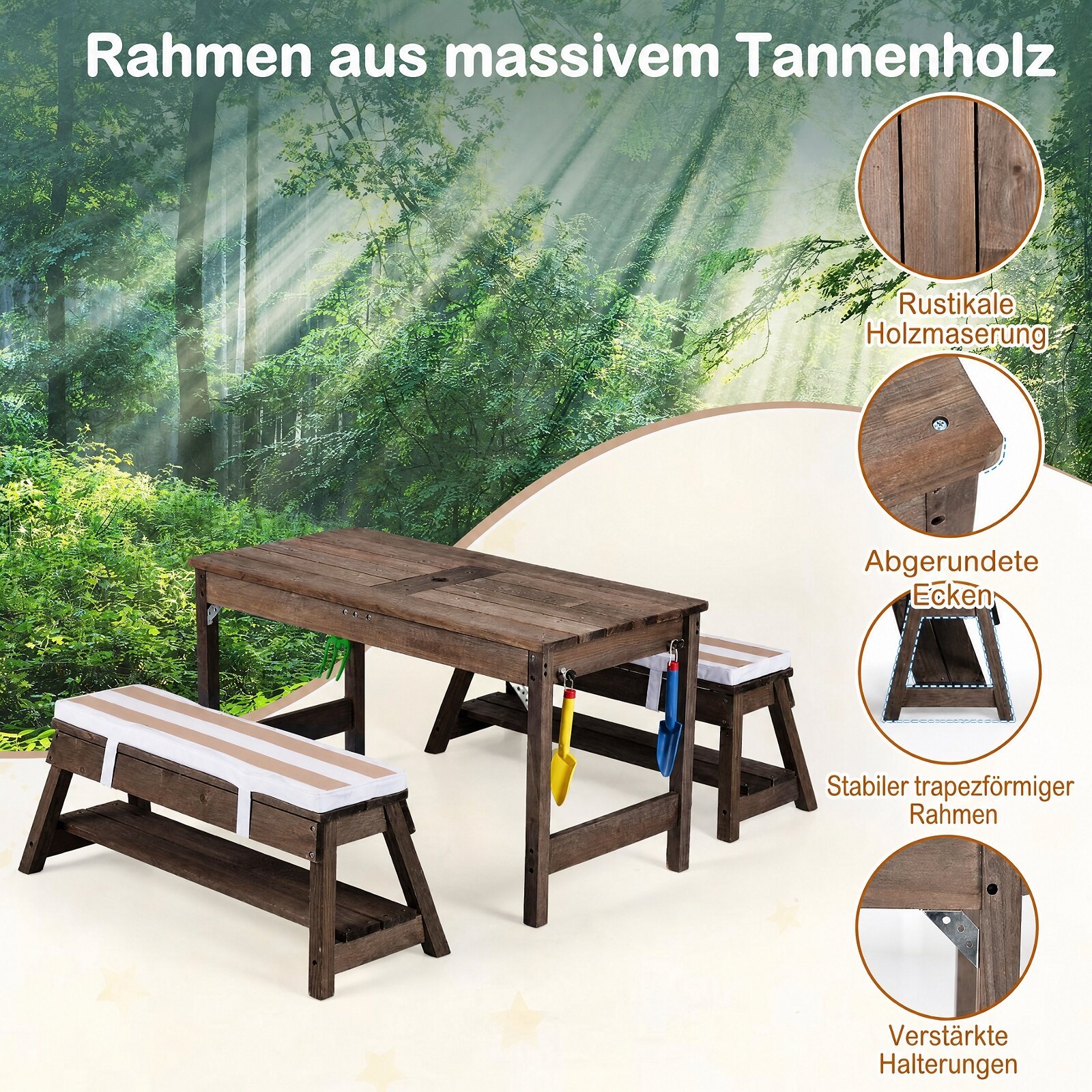 Puidust piknikulaud ja pingid lastele, päikesevarjuga, pruun