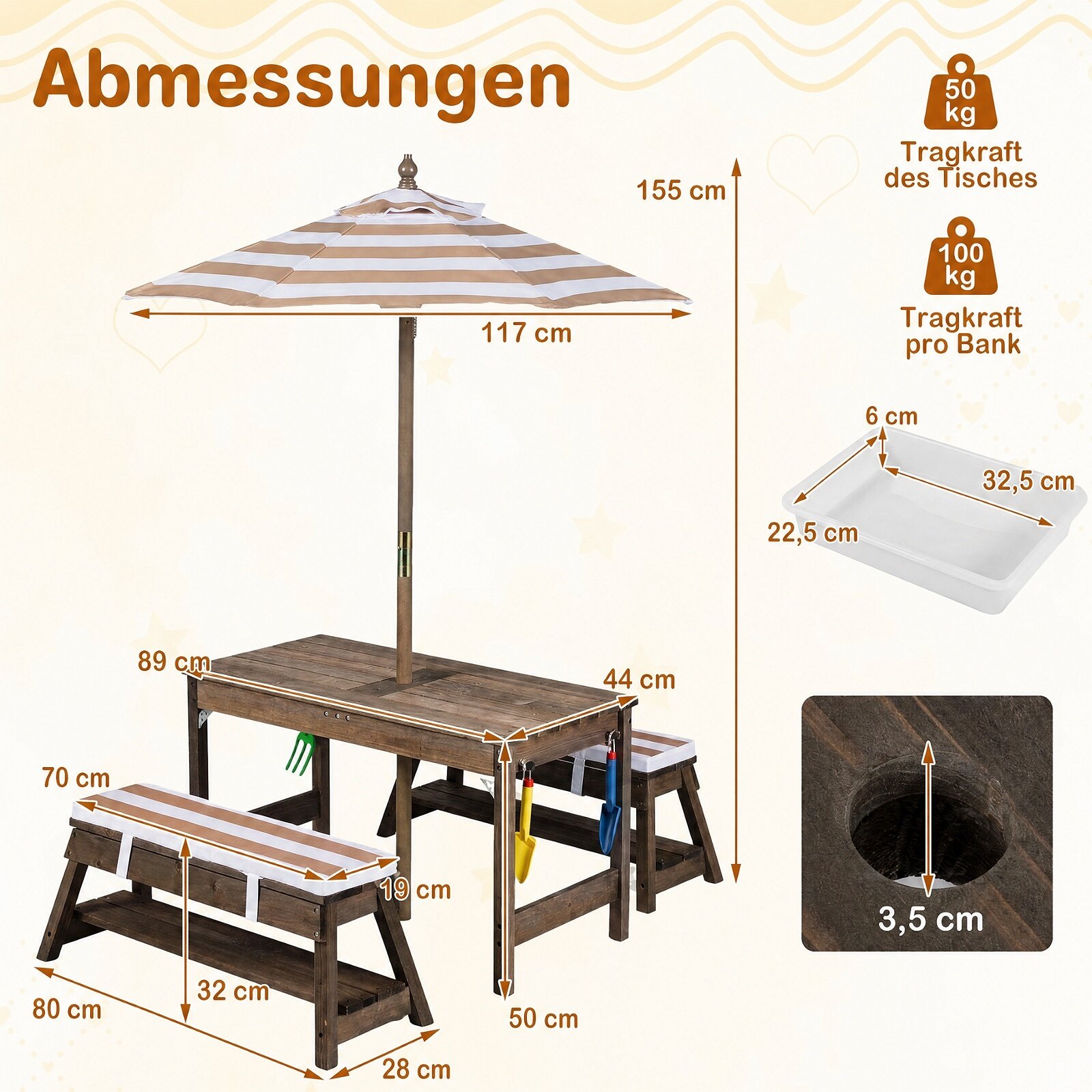 Puidust piknikulaud ja pingid lastele, päikesevarjuga, pruun