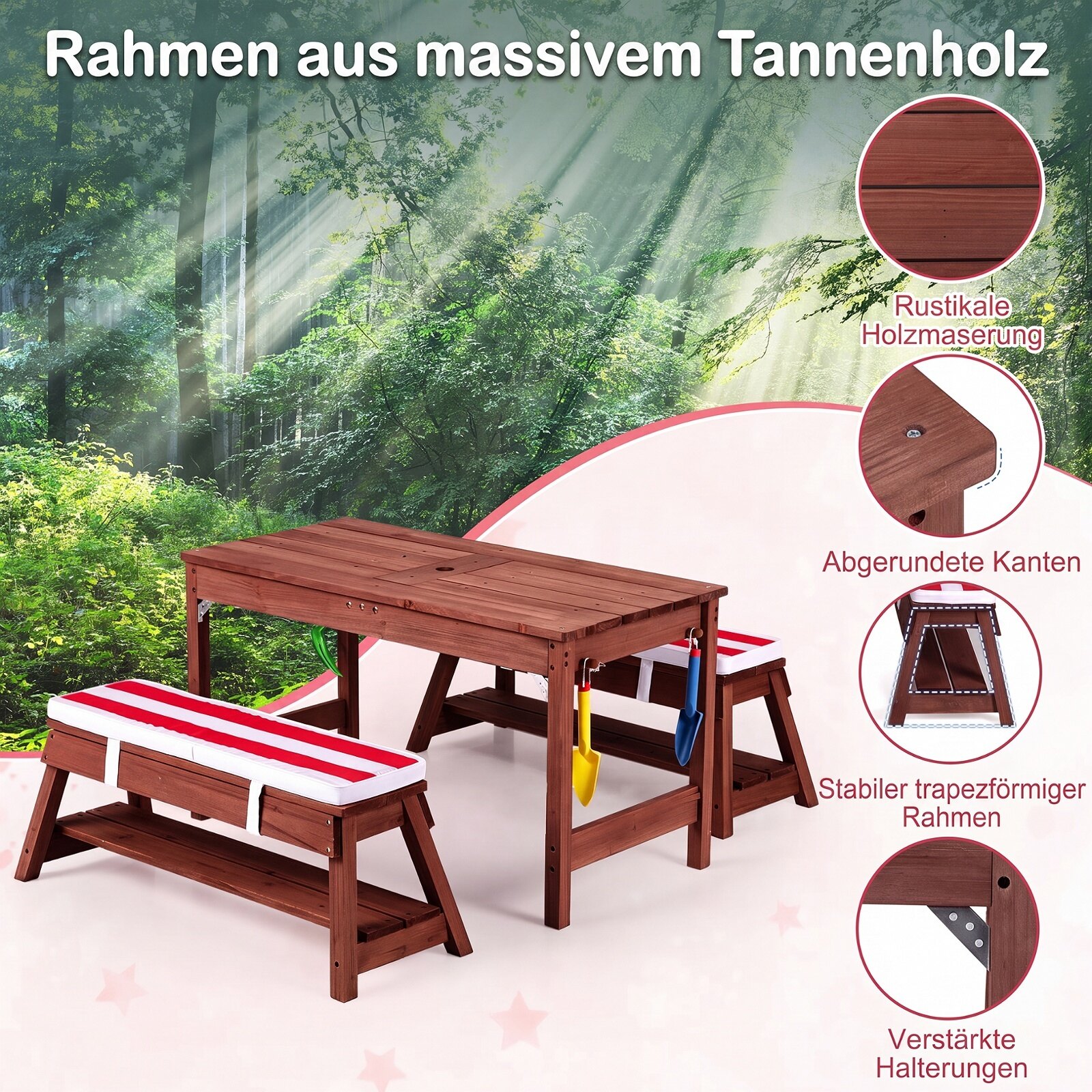 Puidust piknikulaud ja pingid lastele, komplekt päikesevarjuga - punane