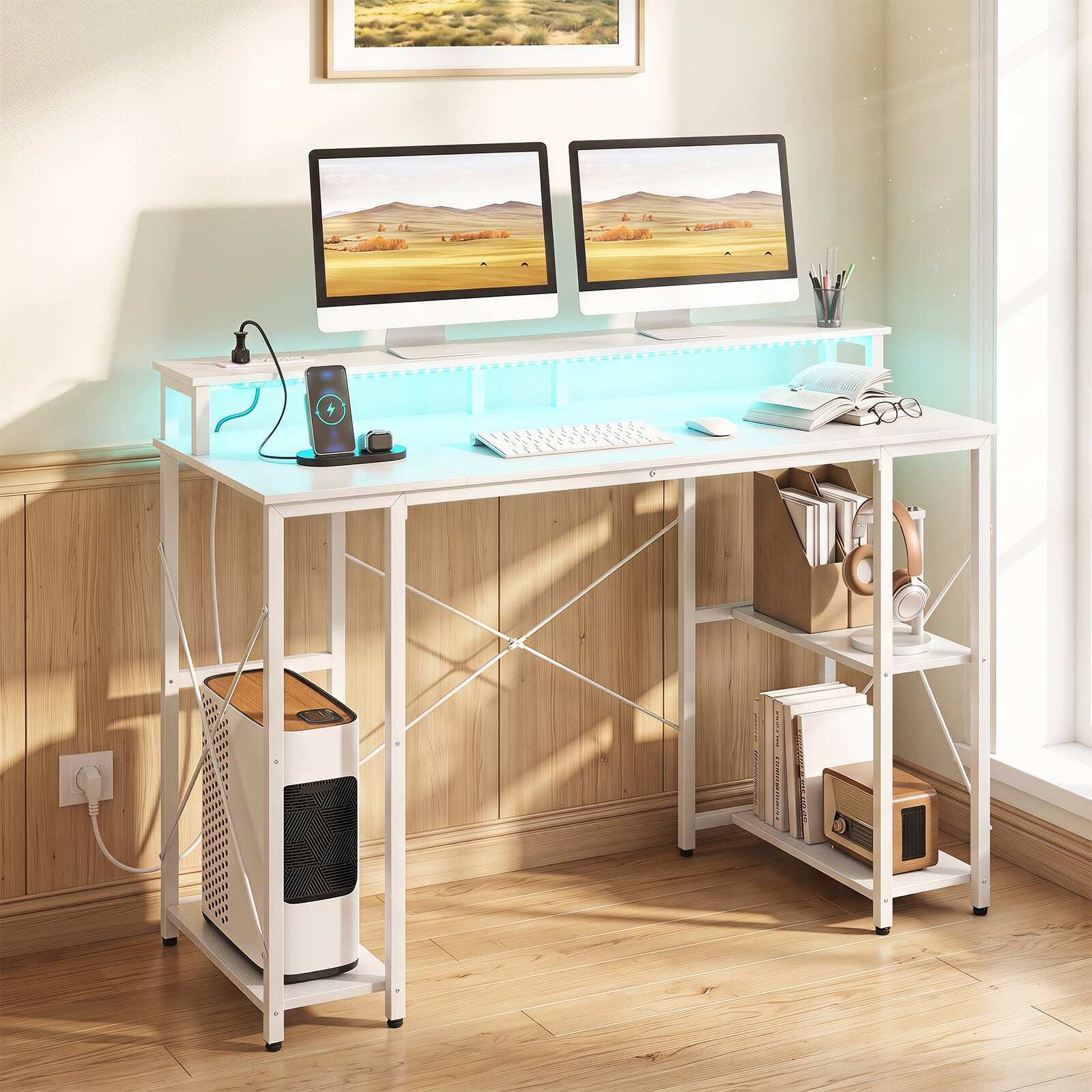 Arvutilaud LED-valgustuse, pistikupesade ja monitorialusega, 120 x 50 x 87 cm, valge