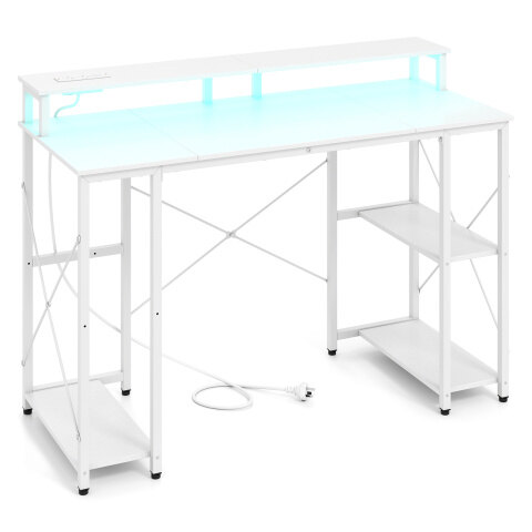 Arvutilaud LED-valgustuse, pistikupesade ja monitorialusega, 120 x 50 x 87 cm, valge