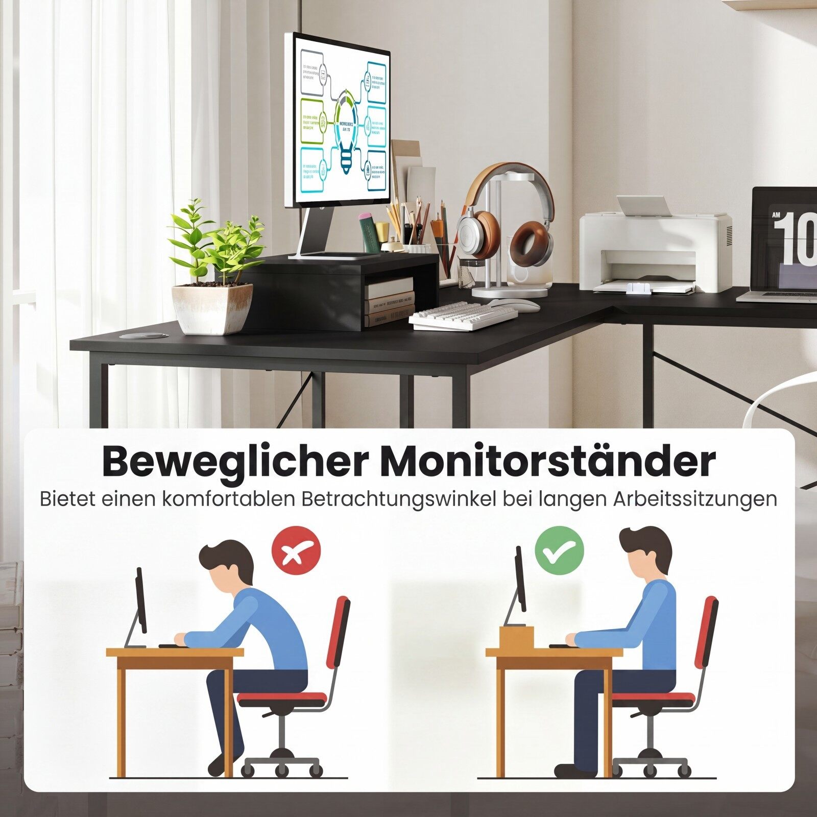 L-kujuline arvutilaud, teisaldatav nurgalaud eemaldatava monitorialusega, must