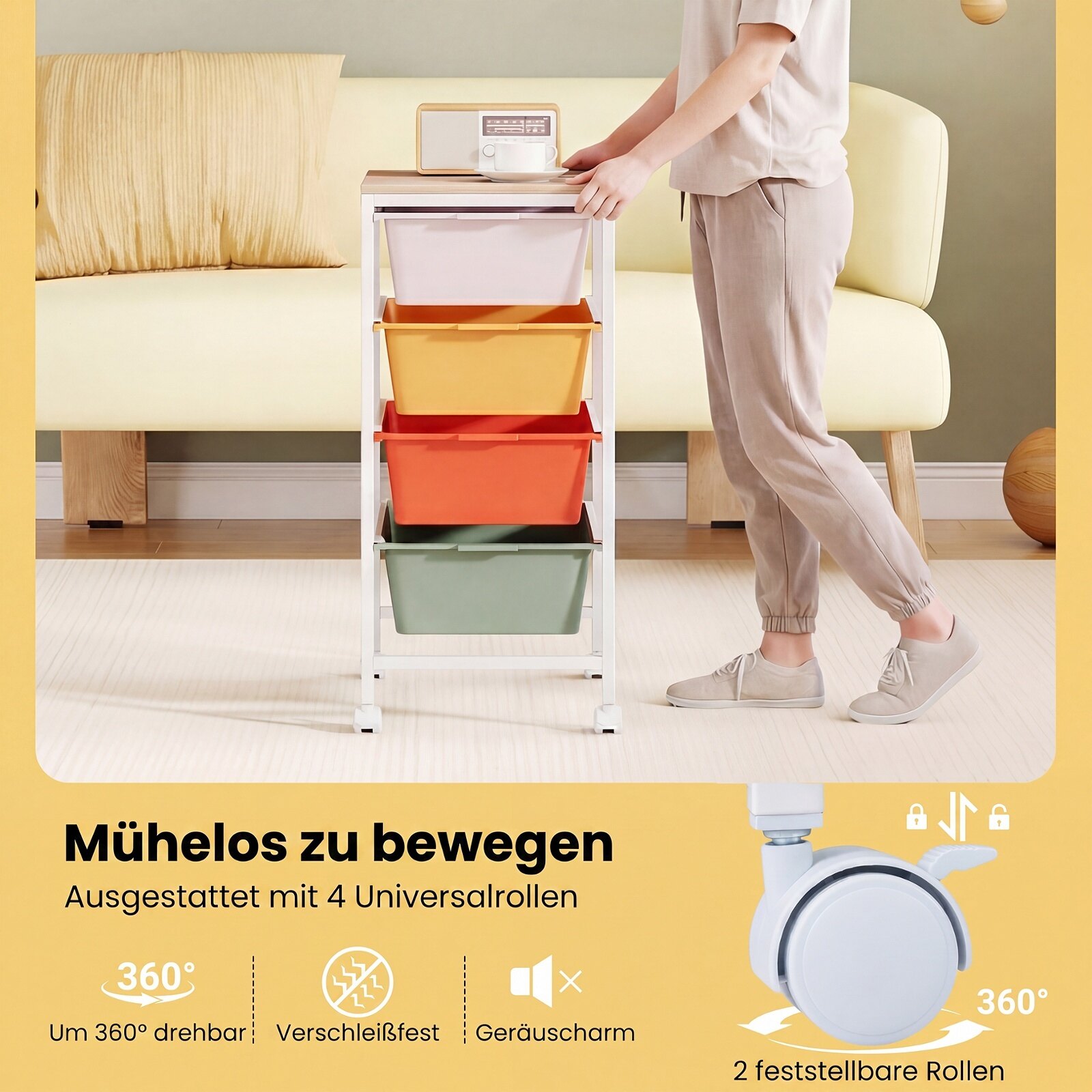 4-sahtliga ratastel hoiukäru mobiilne korraldaja puidust lauaplaadi ja lukustatavate ratastega - Macaron