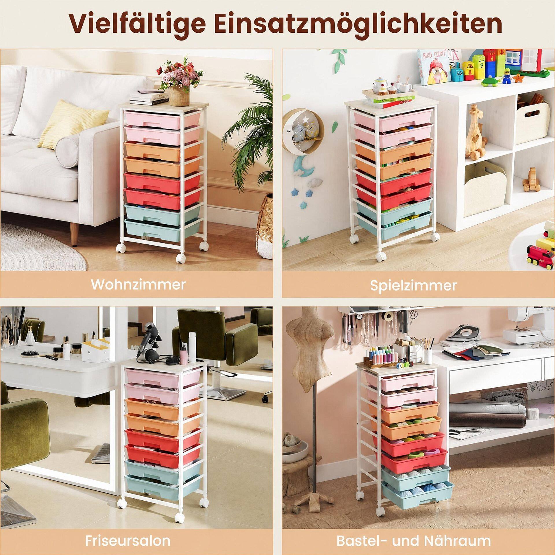 Rolling Cart with 8 Drawers and Wooden Tabletop with Lockable Wheels for Home Office-Macaron + Natural Rolling Cart with 8 Drawers and Wooden Tabletop with Lockable Wheels for Home Office-Macaron + Natural