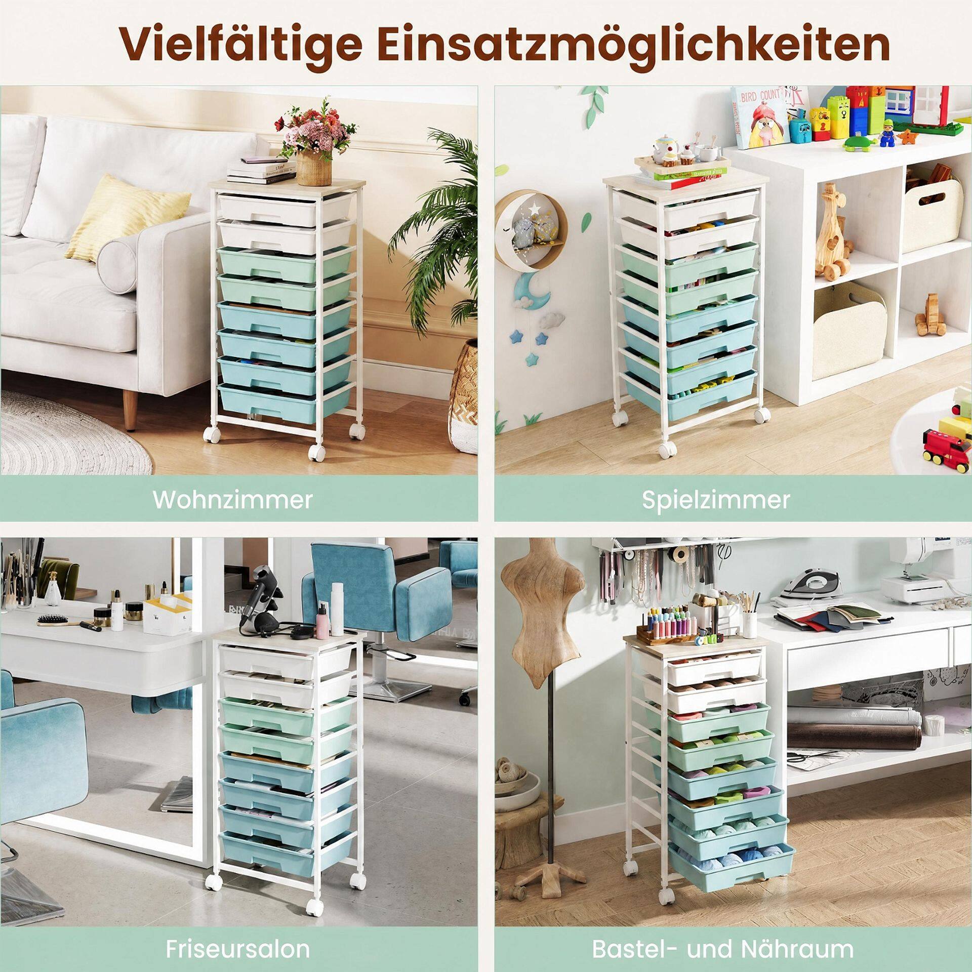 Rolling Cart with 8 Drawers and Wooden Tabletop with Lockable Wheels for Home Office-Green Gradient + Natural Rolling Cart with 8 Drawers and Wooden Tabletop with Lockable Wheels for Home Office-Green Gradient + Natural