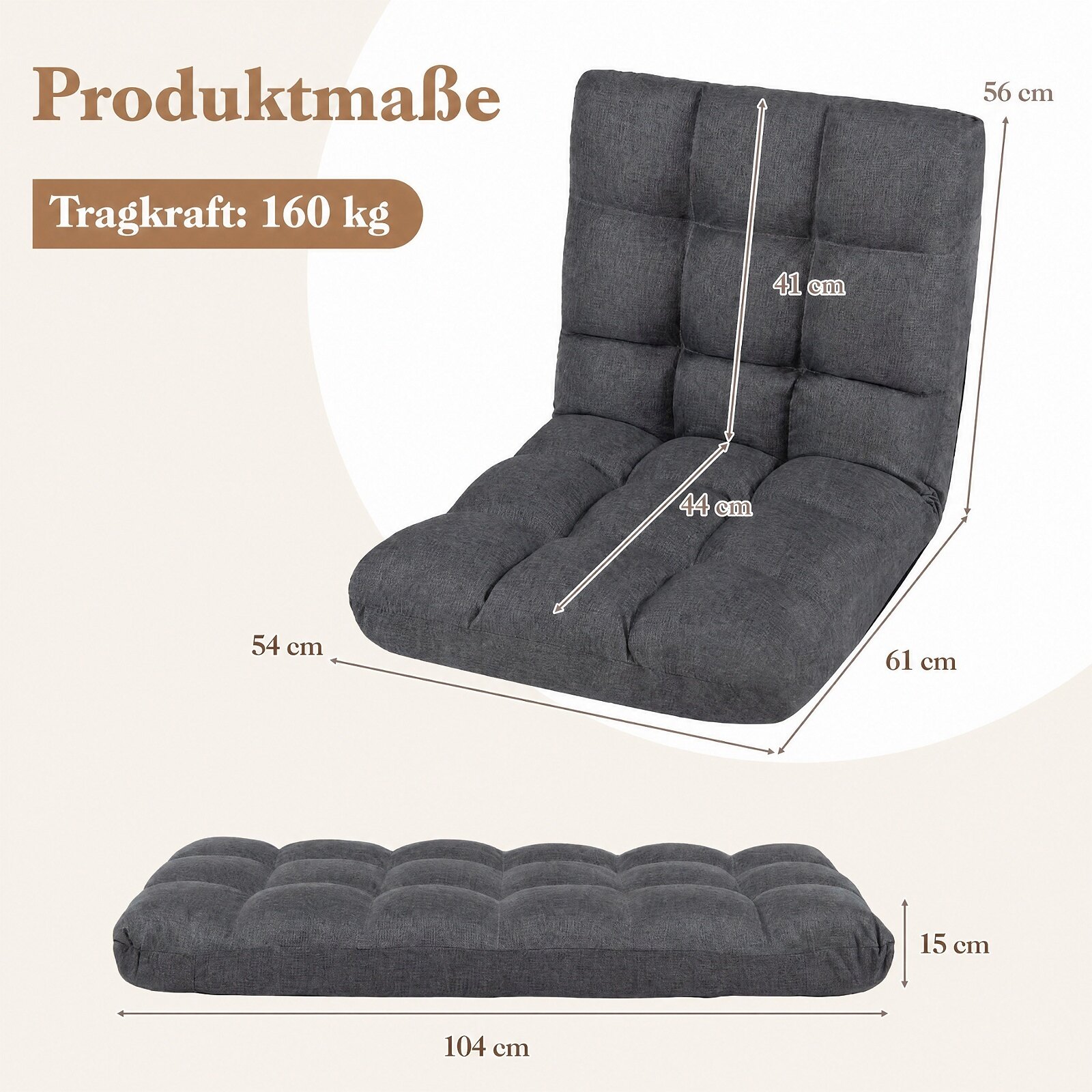Kokkupandav põrandatool reguleeritava seljatoe ja lamamisfunktsiooniga, 61 x 54 x 56 cm, hall