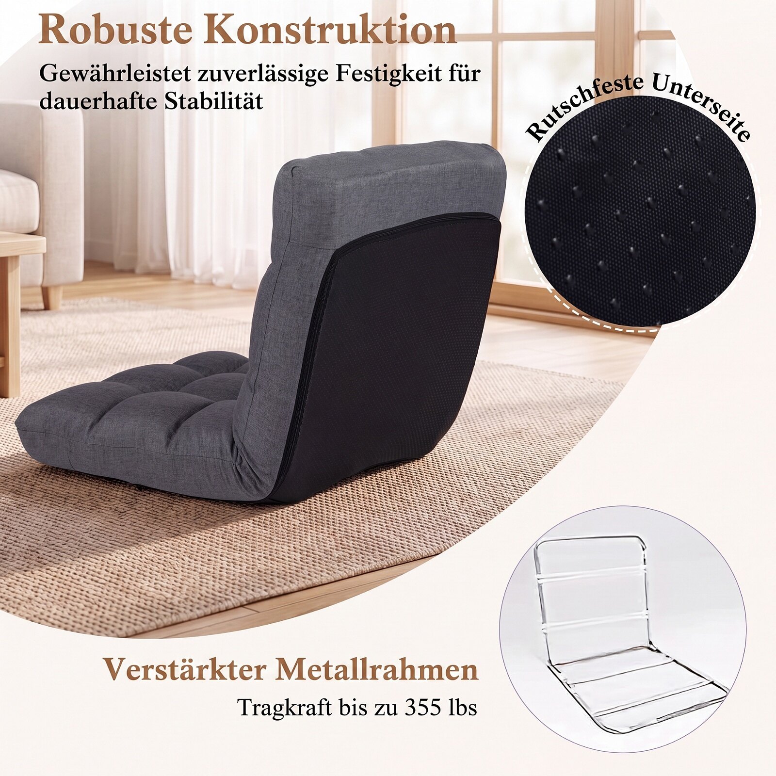 Kokkupandav põrandatool reguleeritava seljatoe ja lamamisfunktsiooniga, 61 x 54 x 56 cm, hall