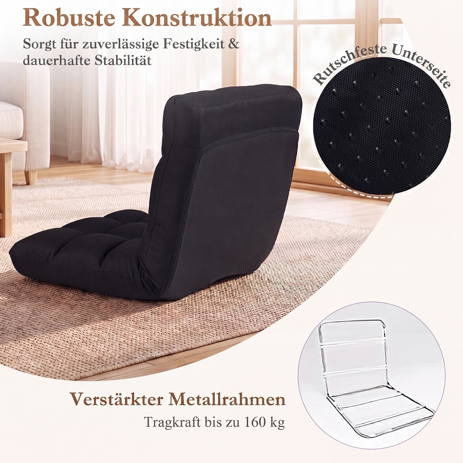 Kokkupandav põrandatool reguleeritava seljatoe ja lamamisfunktsiooniga, 61 x 54 x 56 cm, must
