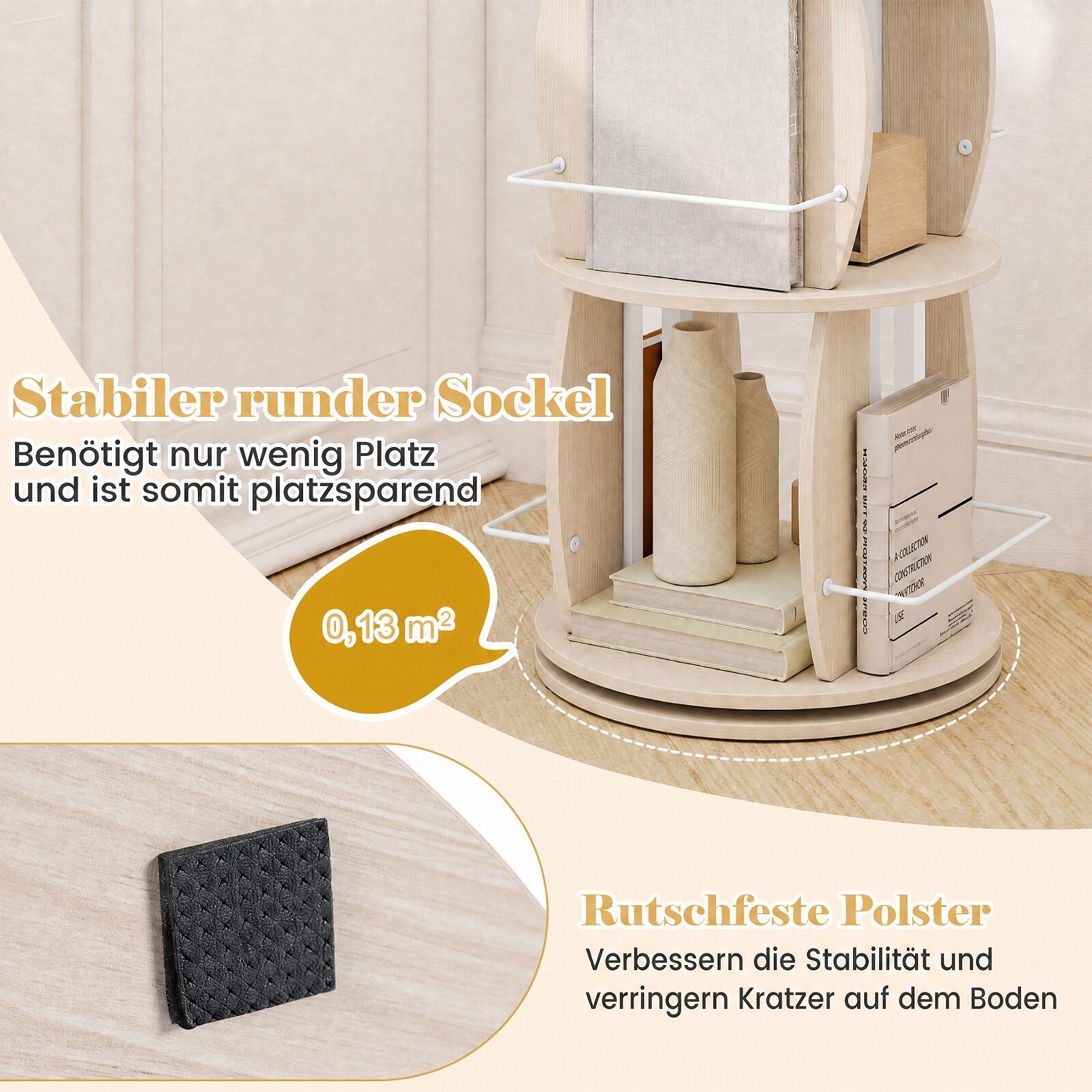 3-Tier Rotating Bookshelf Tower with Display Stands-Light Oak 3-Tier Rotating Bookshelf Tower with Display Stands-Light Oak