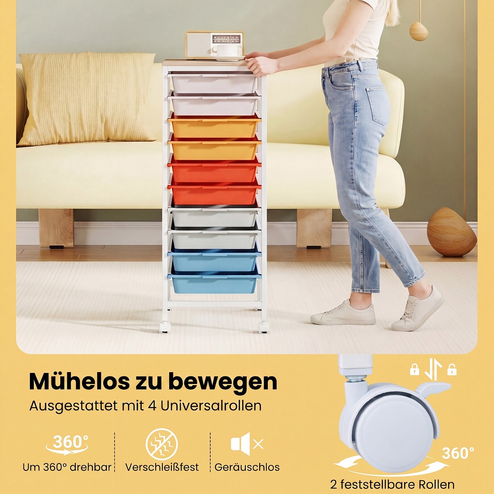 10 sahtliga mobiilne hoiukäru puidust lauaplaadi ja lukustatavate ratastega - Macaron