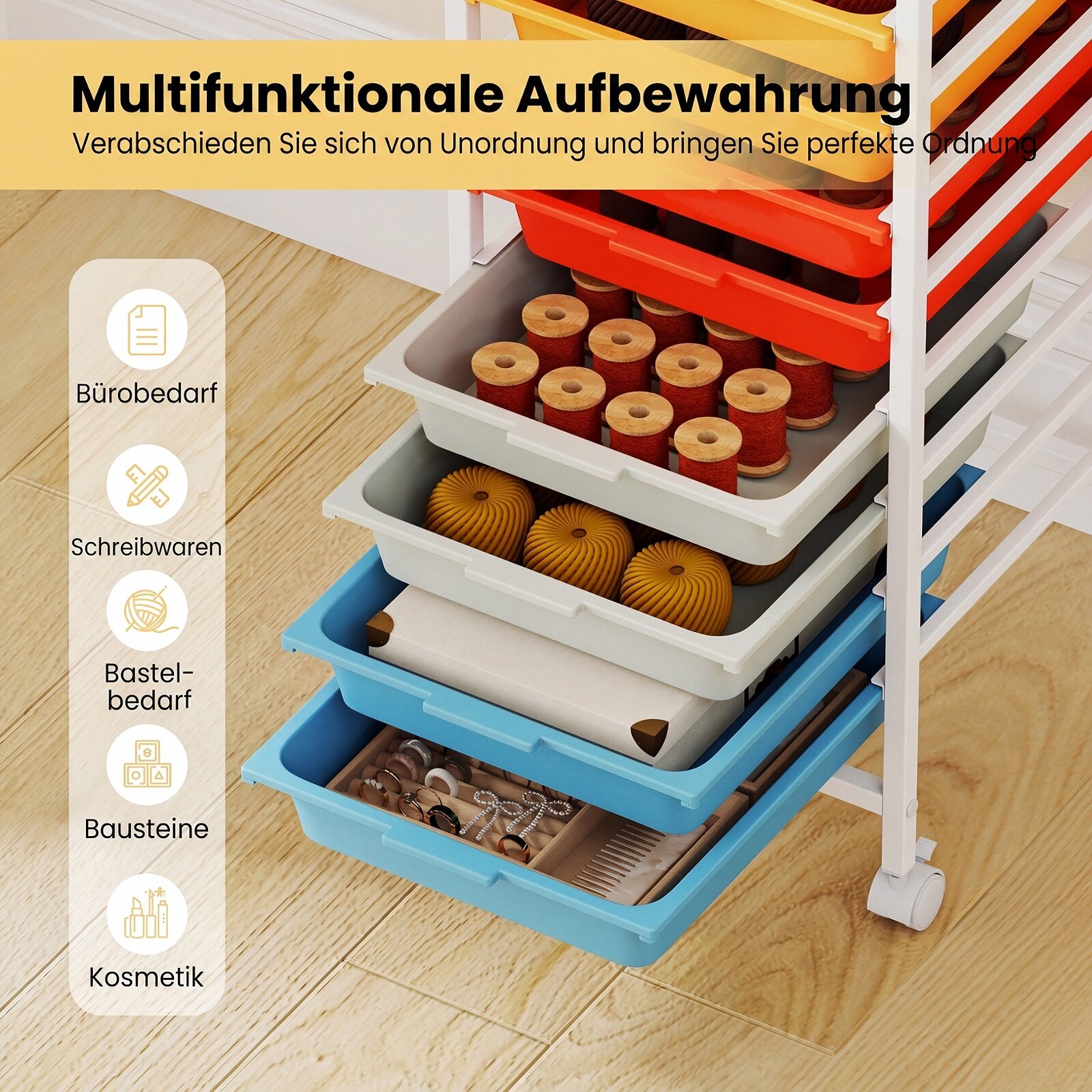 10 sahtliga mobiilne hoiukäru puidust lauaplaadi ja lukustatavate ratastega - Macaron