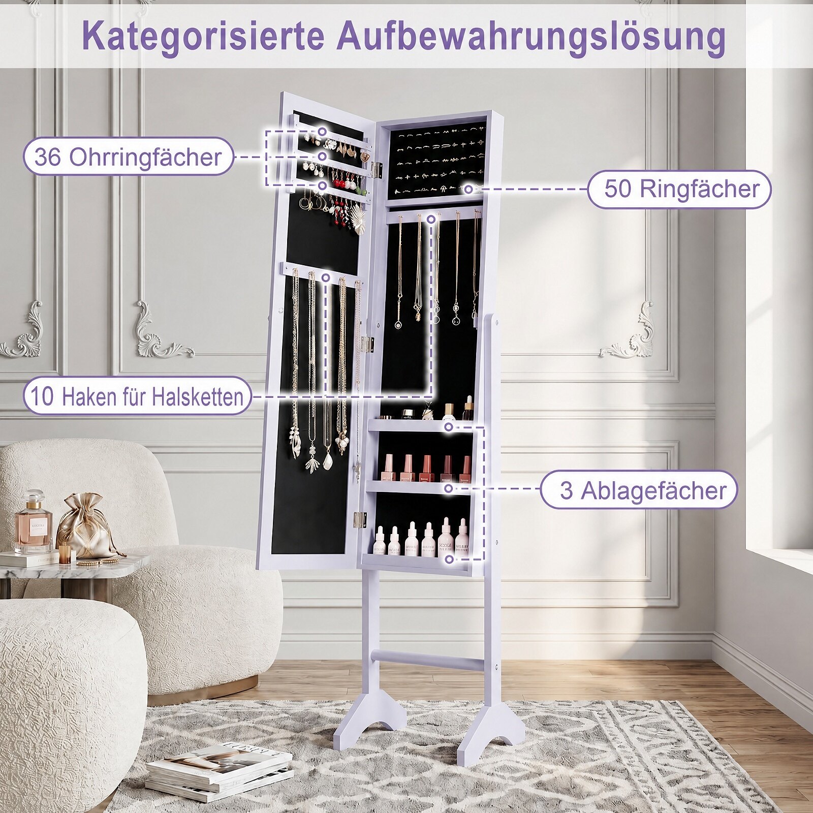 2-ühes ehtekapp tugeva puitraami, täispikkuses peegli ja 3 riiuliga, 35 x 34 x 154 cm, violetne