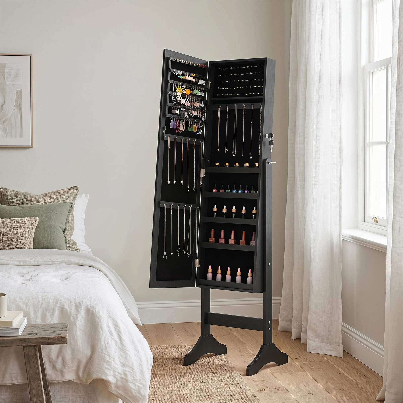 Ehtekapp, lukustatav peegliga kapp täispikkuses peegliga, 40 x 36 x 156 cm, must