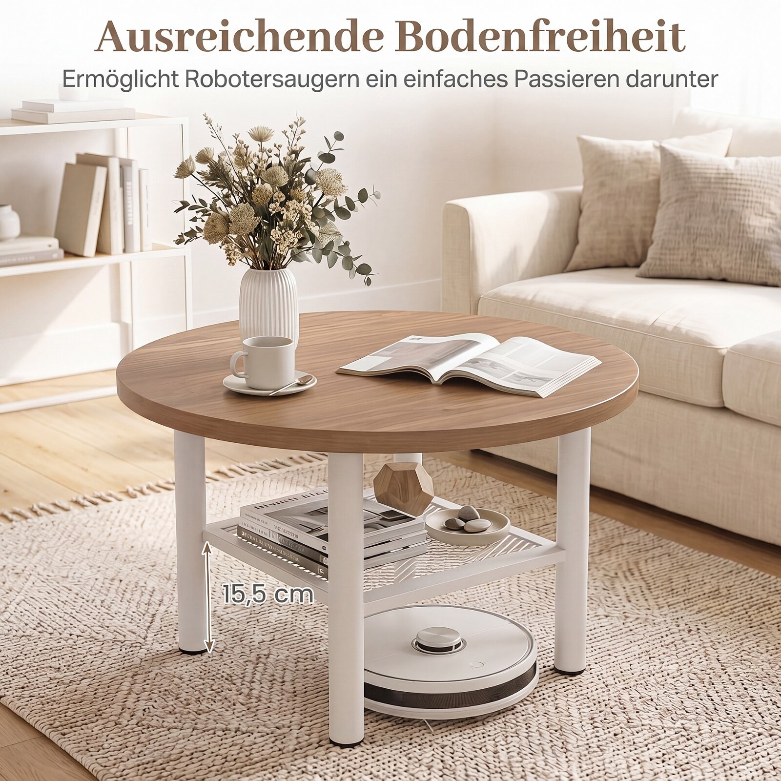 Round Coffee Table 2-Tier with Storage Shelf and Metal Frame for Living Room-Natural