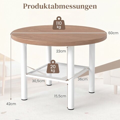 Ümmargune kohvilaud, 2-korruseline, hoiuriiuli ja metallraamiga elutuppa - naturaalne