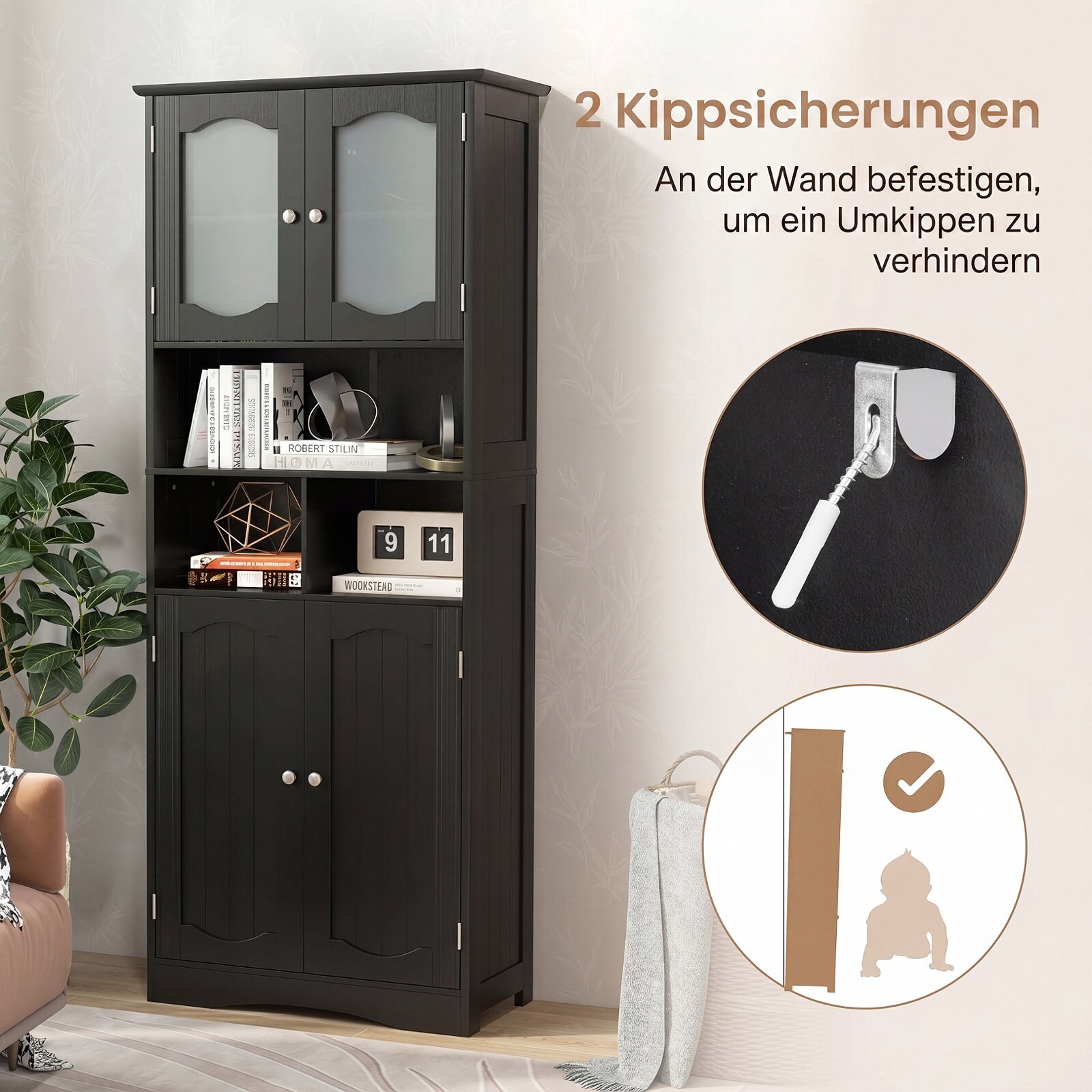 149 cm eraldiseisev linane vannitoakapp härmasklaasist ustega - must