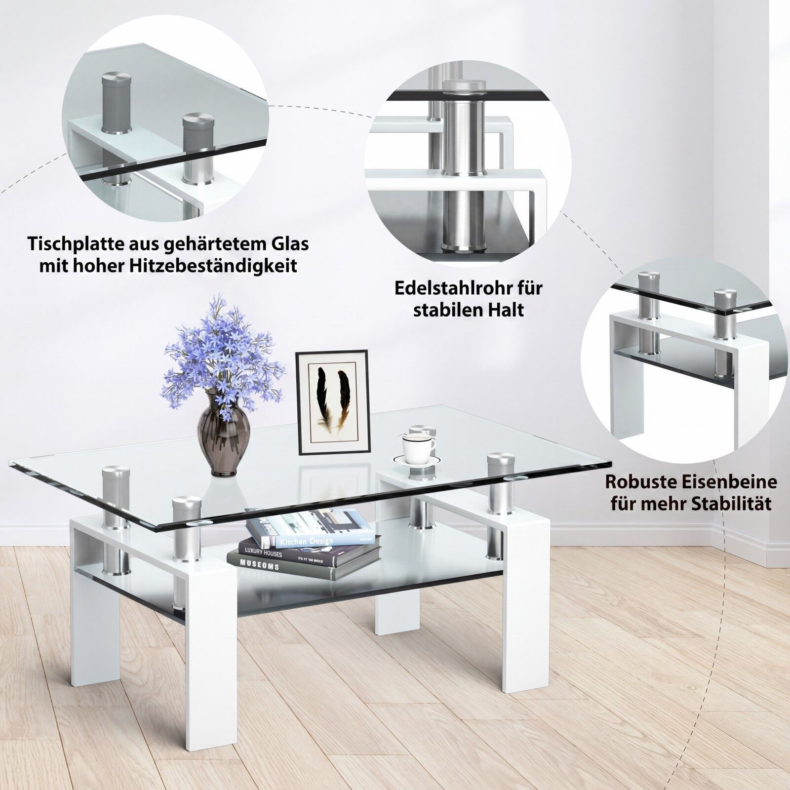 Klaasist kohvilaud, elutoa laud alumise riiuliga, diivanilaud, 99,5 x 59,5 x 44,5 cm, valge