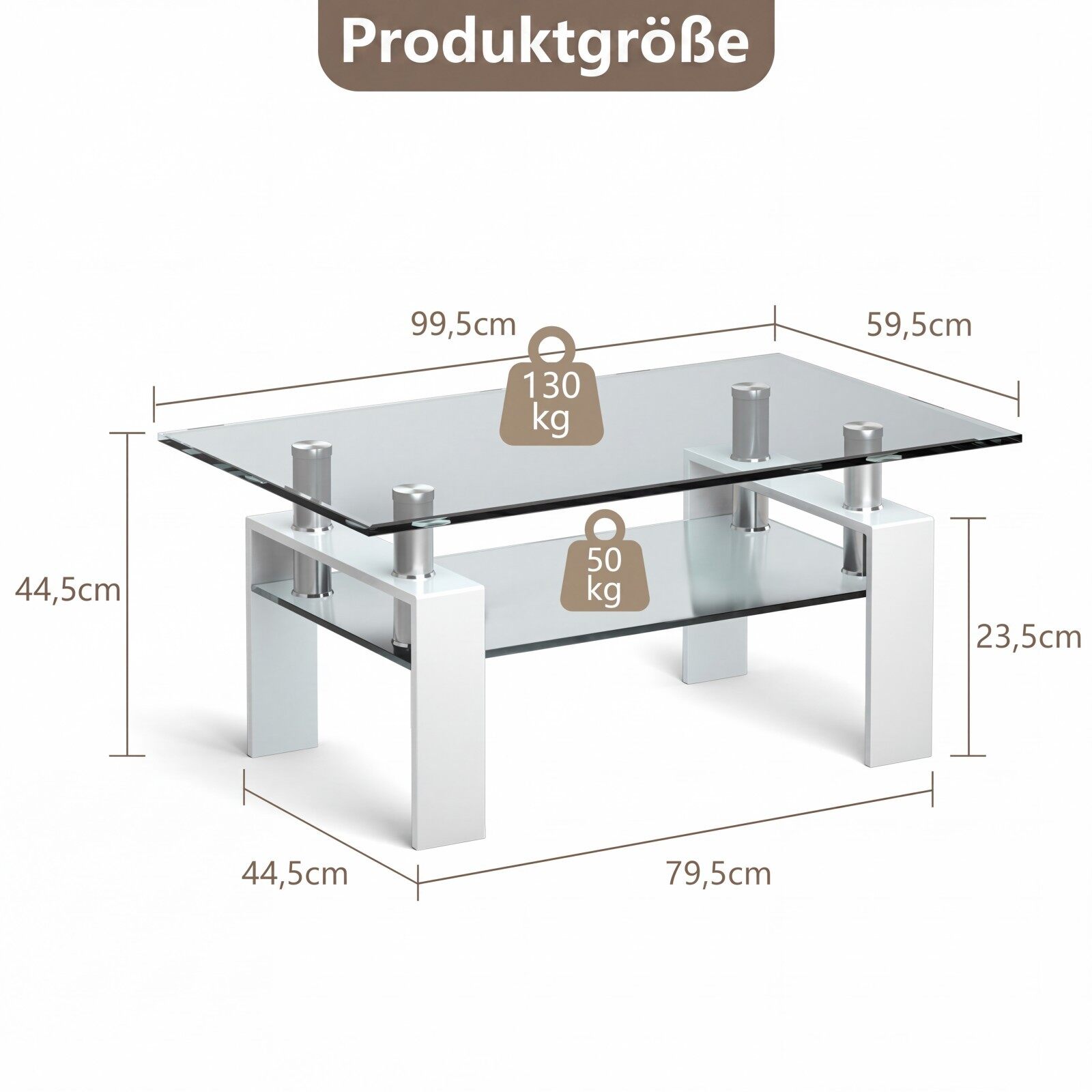 Klaasist kohvilaud, elutoa laud alumise riiuliga, diivanilaud, 99,5 x 59,5 x 44,5 cm, valge