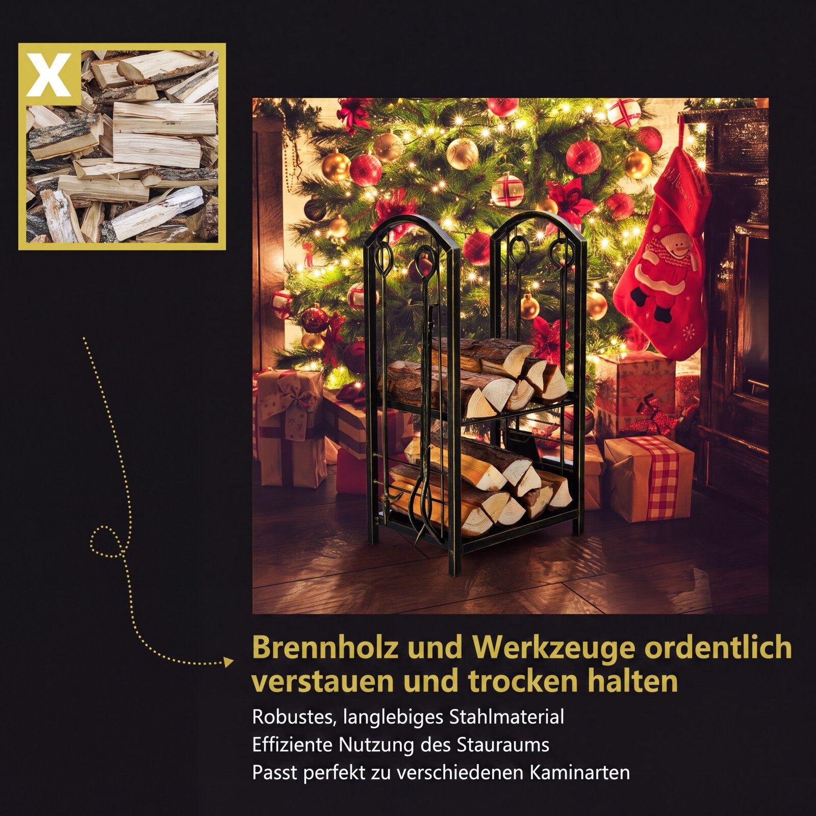 Kaminapalkide riiul 4 kaminatööriistaga - pronks