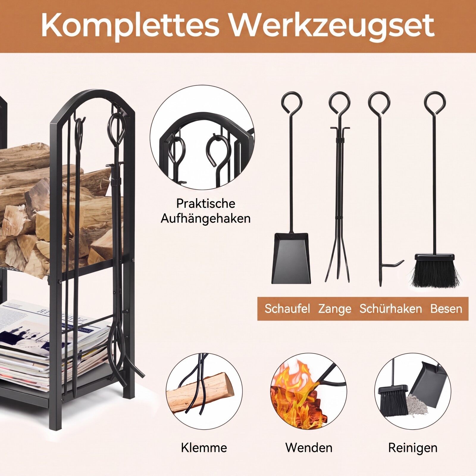 Kaminapuude riiul 4 tööriistakomplektiga Kaminapuude hoidik