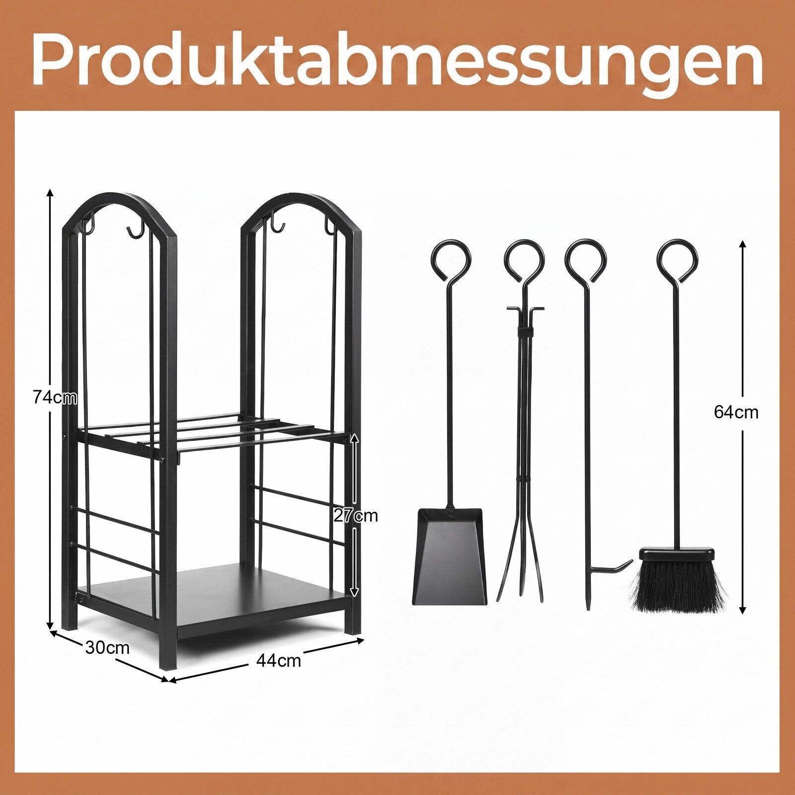 Kaminapuude riiul 4 tööriistakomplektiga Kaminapuude hoidik