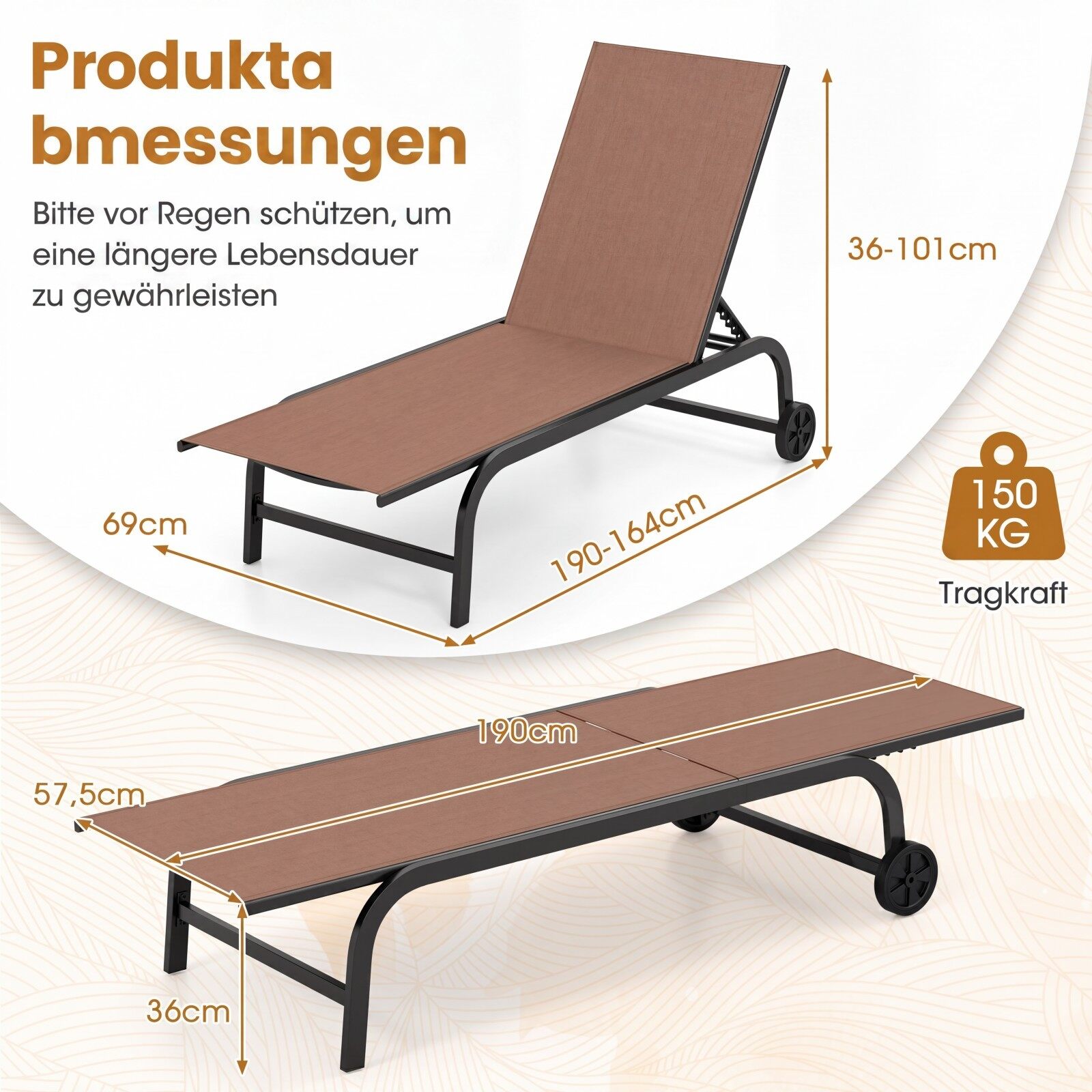 2 ratastel päevitustooli komplekt. Tugev aiatool 6-positsioonilise reguleeritava seljatoega (kuni 180°). Lame. Pruun.