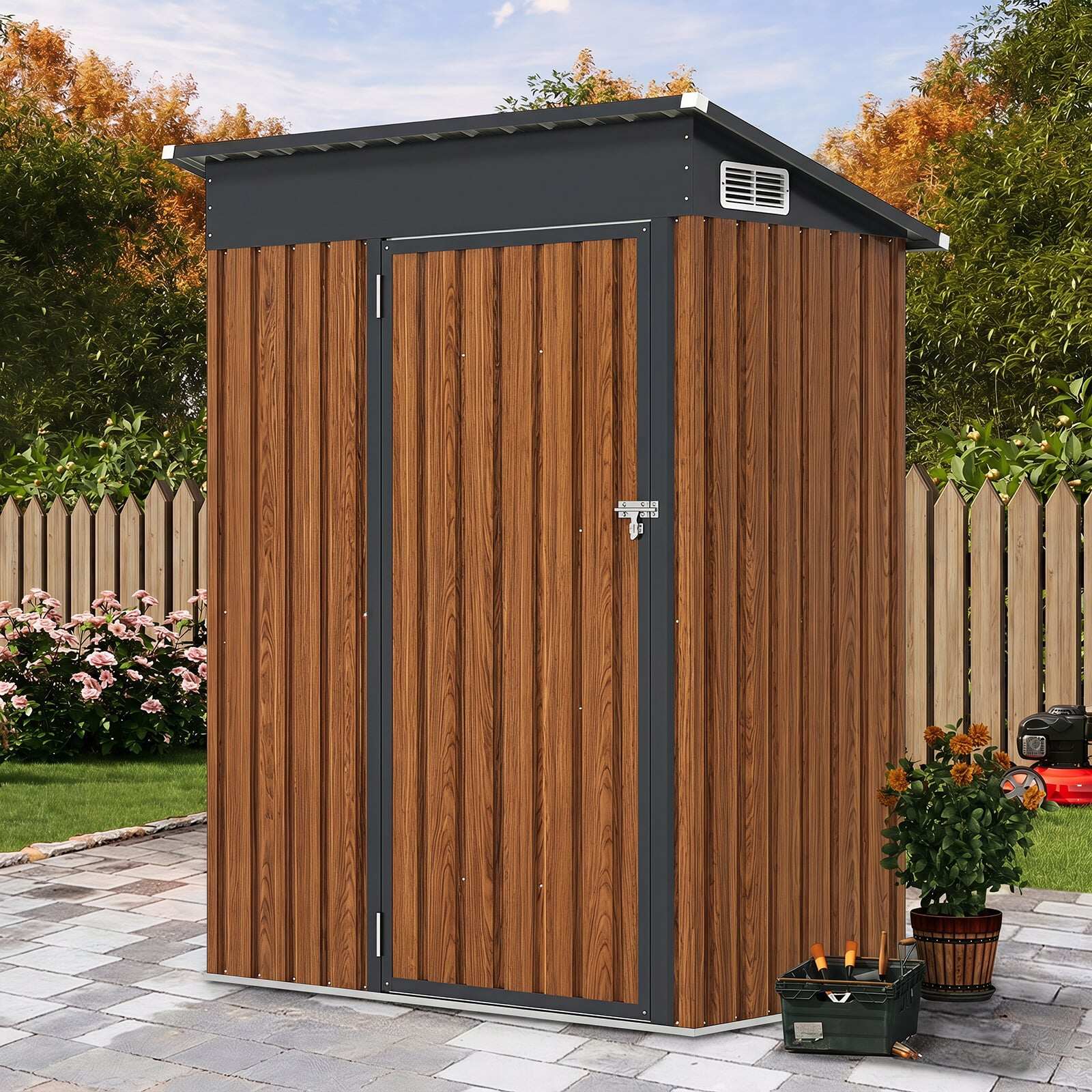 Metallist aiakuur 150 x 90,5 x 185 cm 1,5 m³ tööriistakuur katusealuse katusega, pruun