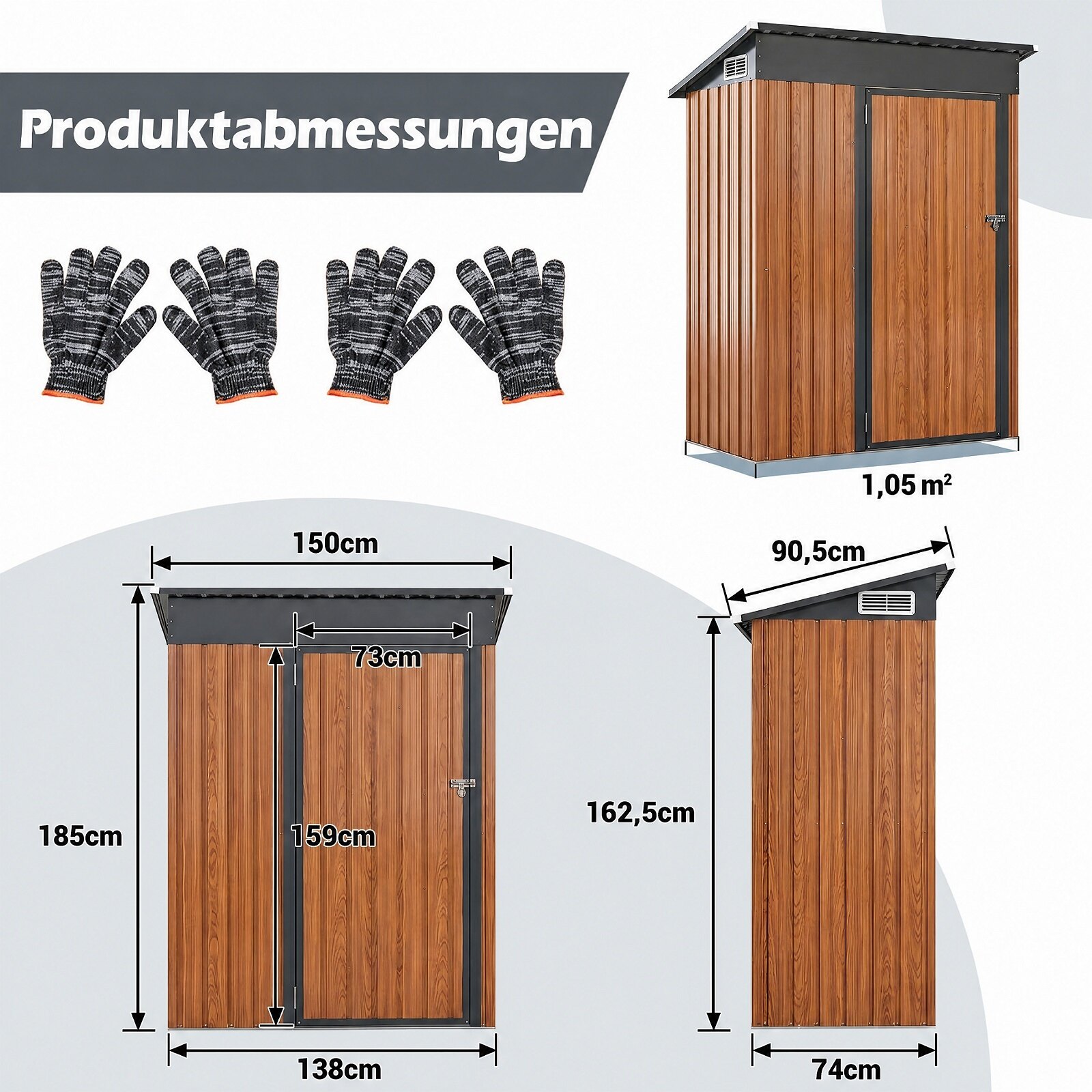 Metallist aiakuur 150 x 90,5 x 185 cm 1,5 m³ tööriistakuur katusealuse katusega, pruun