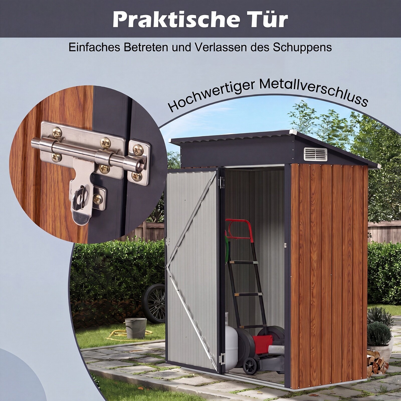 Metallist aiakuur 150 x 90,5 x 185 cm 1,5 m³ tööriistakuur katusealuse katusega, pruun