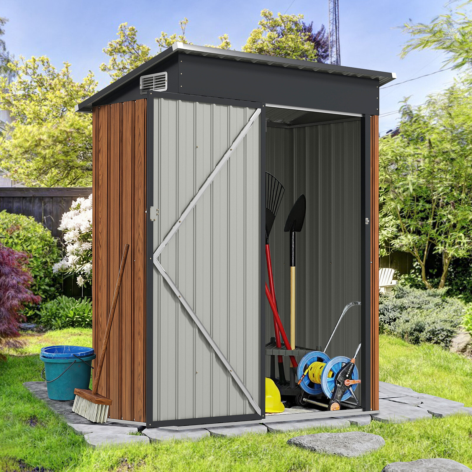Metallist aiakuur 150 x 90,5 x 185 cm 1,5 m³ tööriistakuur katusealuse katusega, pruun