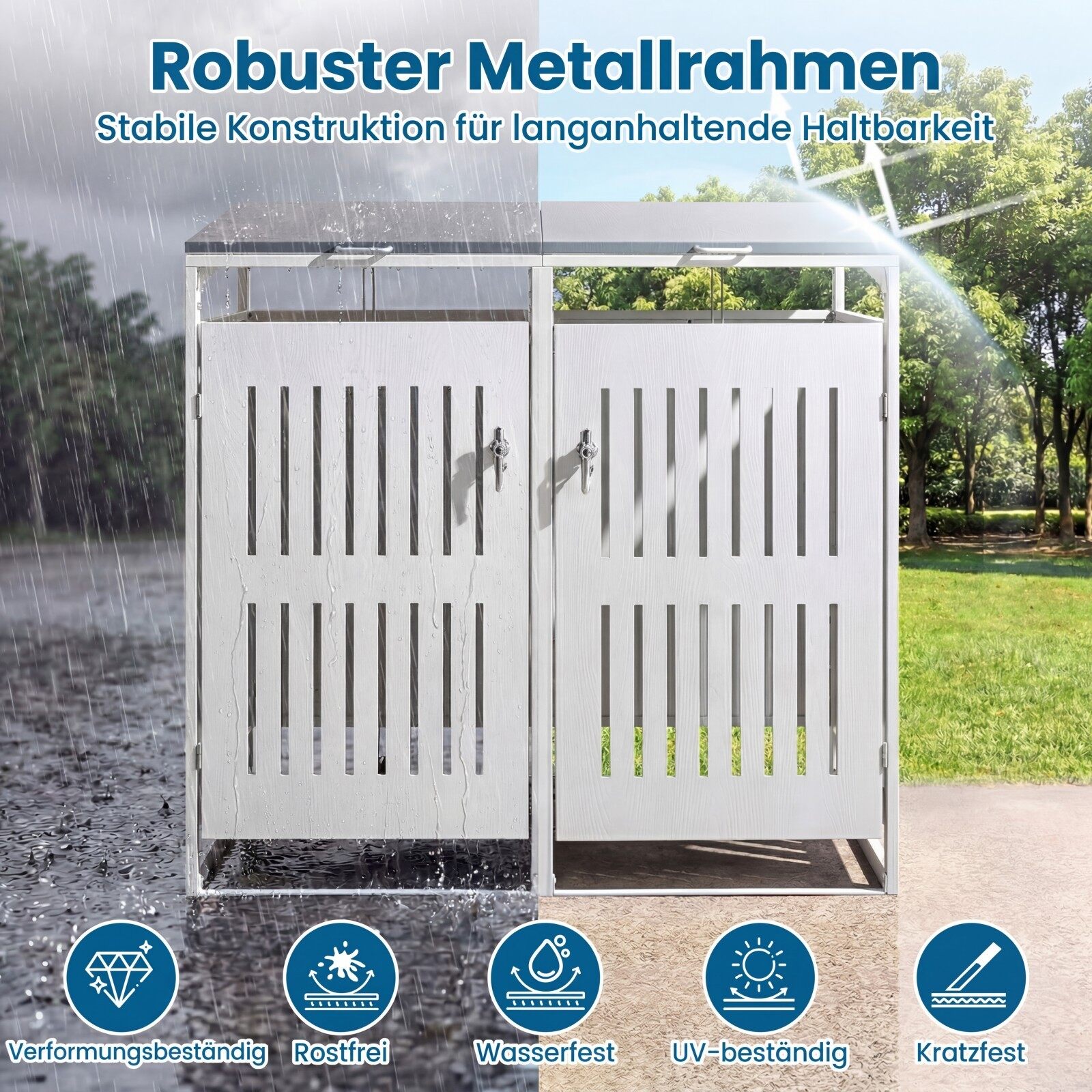 Prügikastide hoiuruum, prügikastiümbris kahele prügikastile, metallist prügikapp, valge