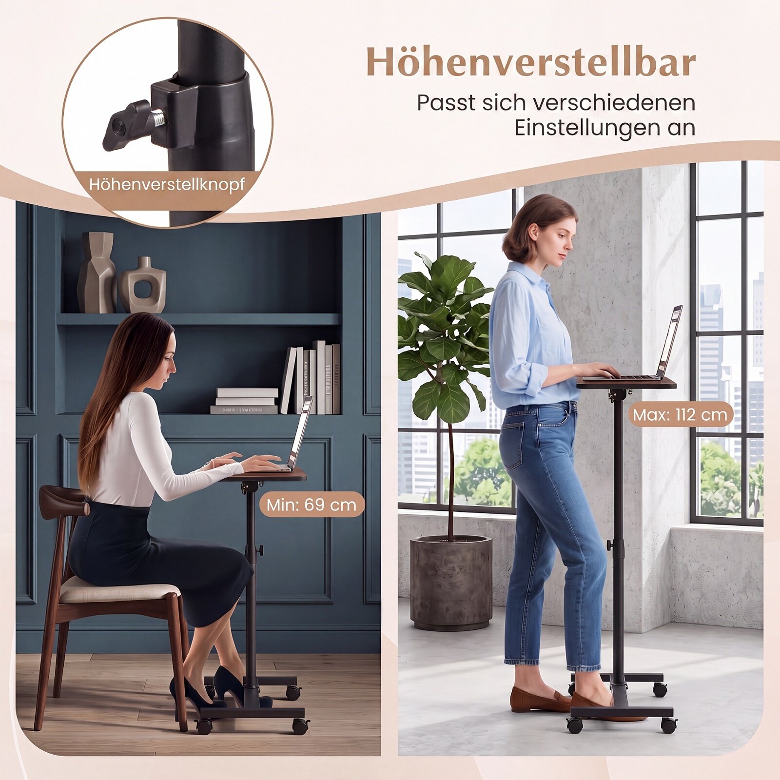 Voodi kohal toidukandikuga väike rullarvutilaud - pähkel