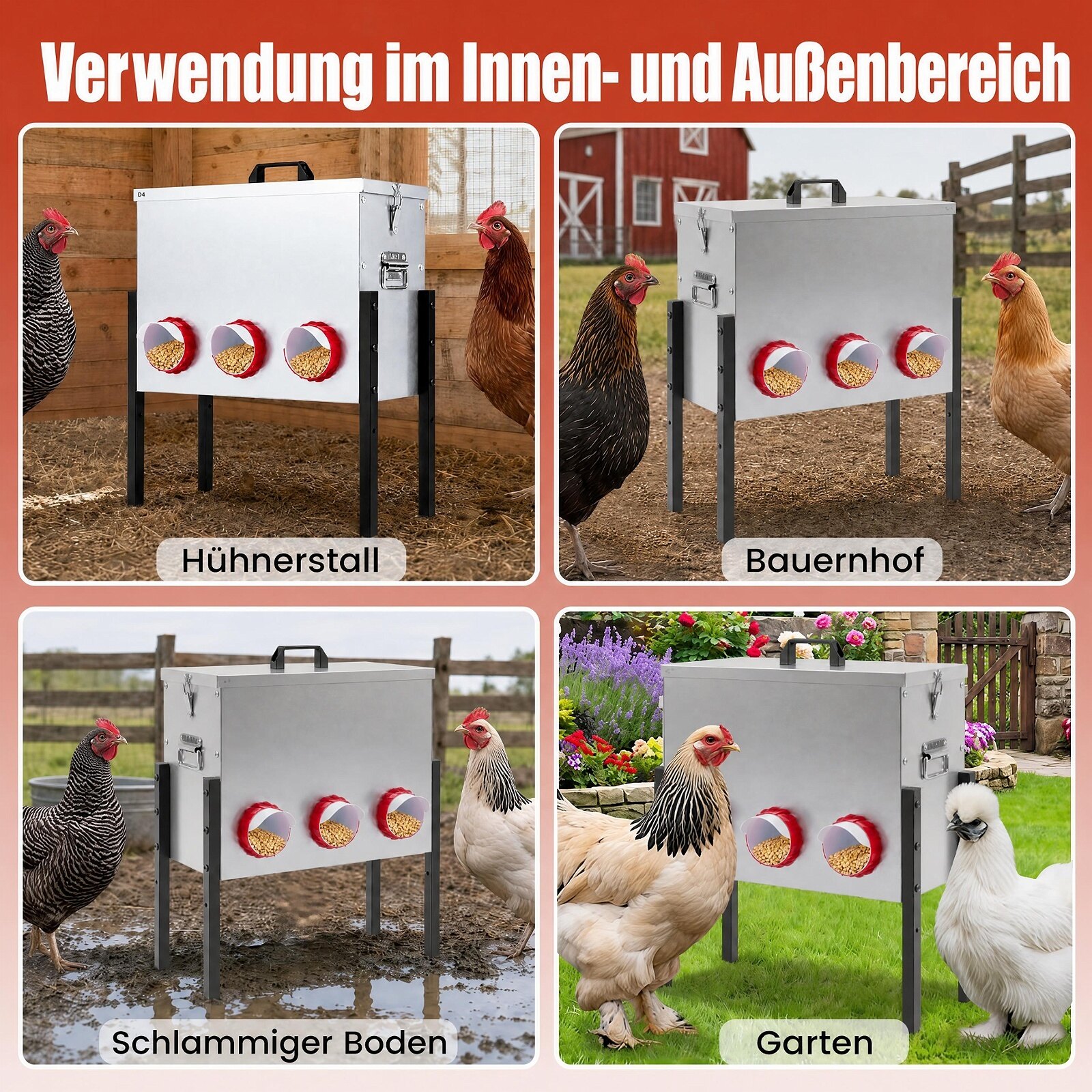 26L Automatic Chicken Feeder with 8 Openings and Adjustable Height Lockable Lid-Silver