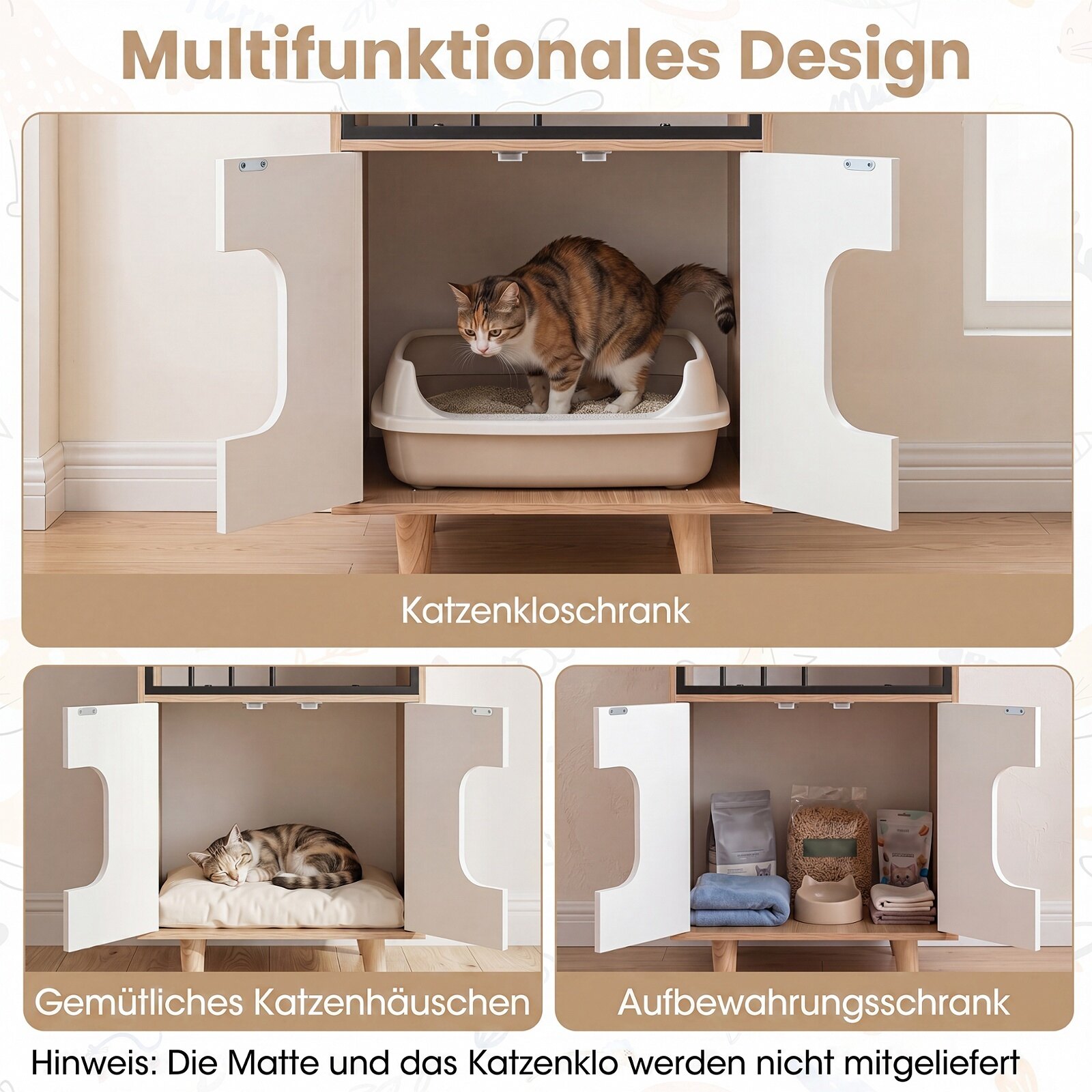 Cat Litter Box Enclosure with Shelf and 2 Doors Wooden House-Shaped for IndoorNatural