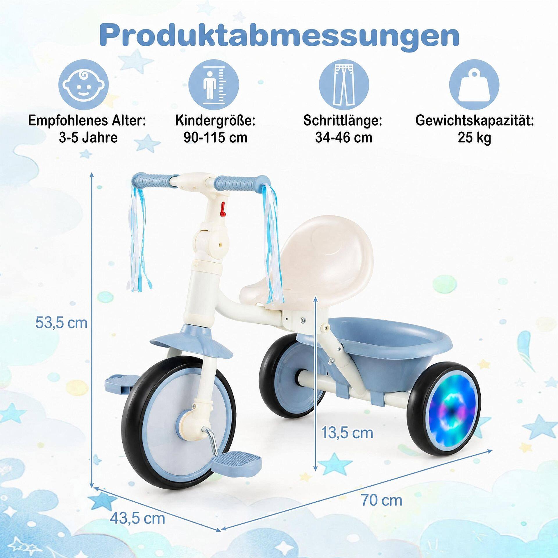 Kokkupandav kolmerattaline väikelapse jalgratas 2-5-aastastele valgustusega ratastega - sinine