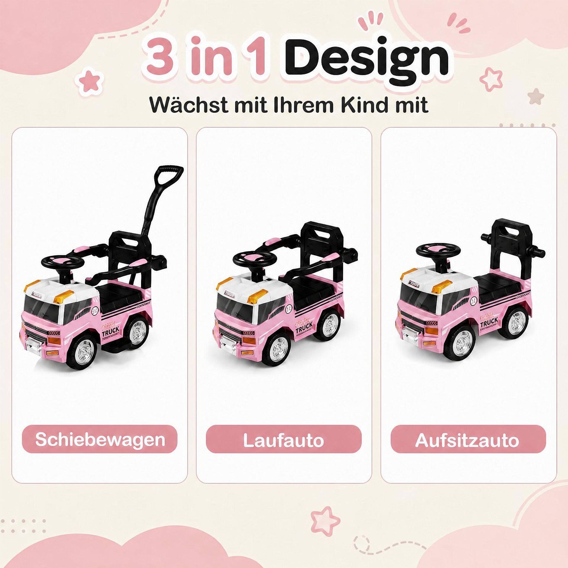 3-ühes laste lükandauto 3–5-aastastele väikelastele muusikaga – roosa