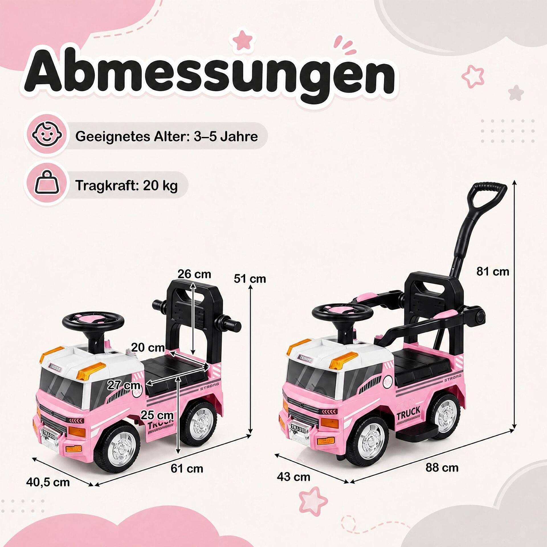 3-in-1 Kids Ride On Push Car for Toddlers 3 to 5 Years Old with Music-Pink