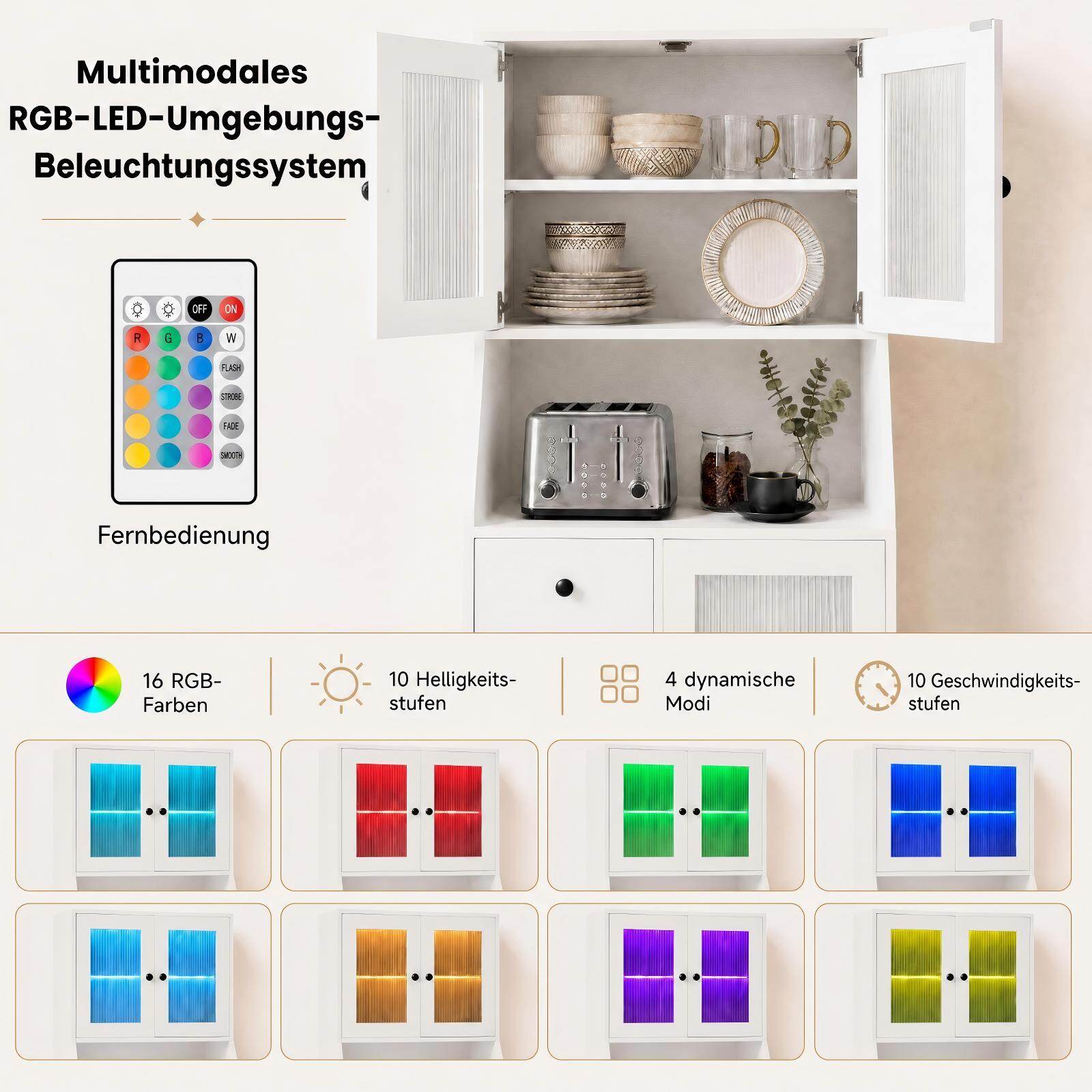 Köögi sahvrikapp reguleeritavate LED-tulede ja ustega - valge