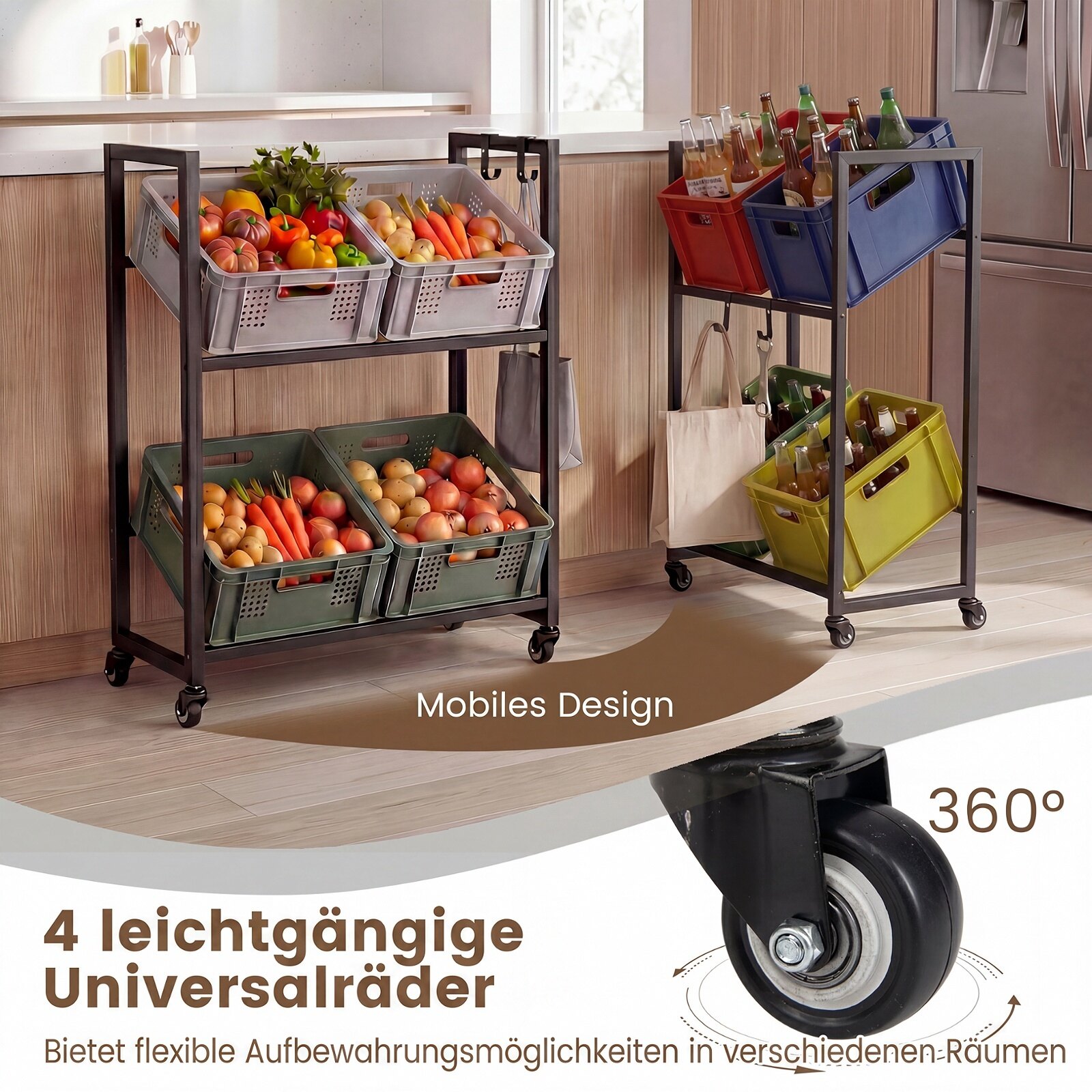 2-Tier Drink Crate Rack Rolling Bottle Crate Shelf with Wheels-Black