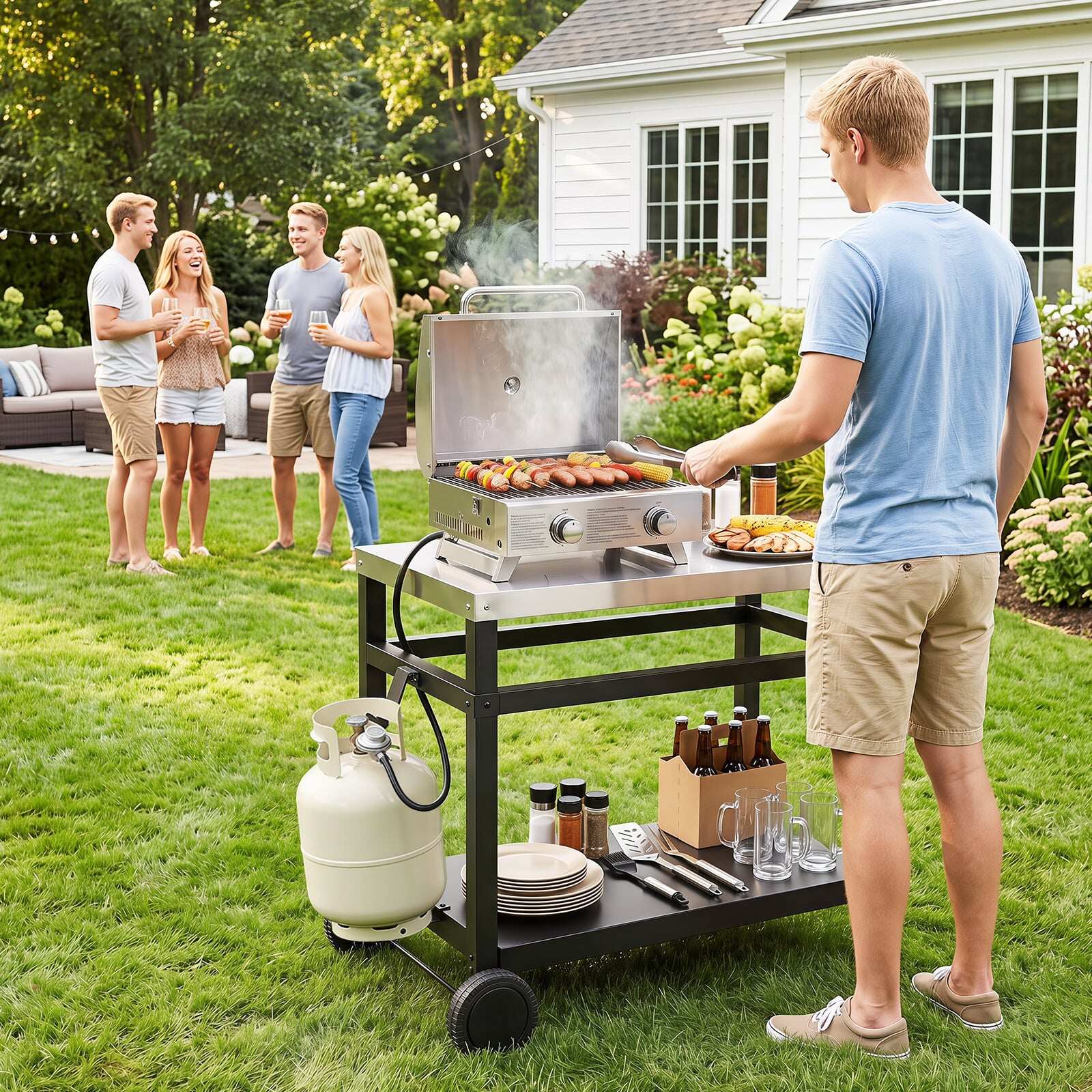 86 cm x 51 cm kahe riiuliga grilllaud terasest pealispinnaga - must