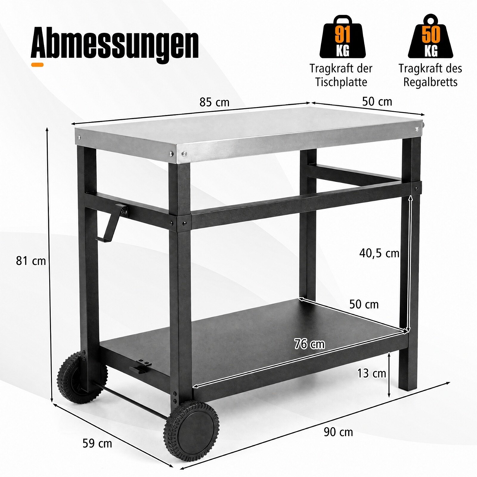 86 cm x 51 cm kahe riiuliga grilllaud terasest pealispinnaga - must